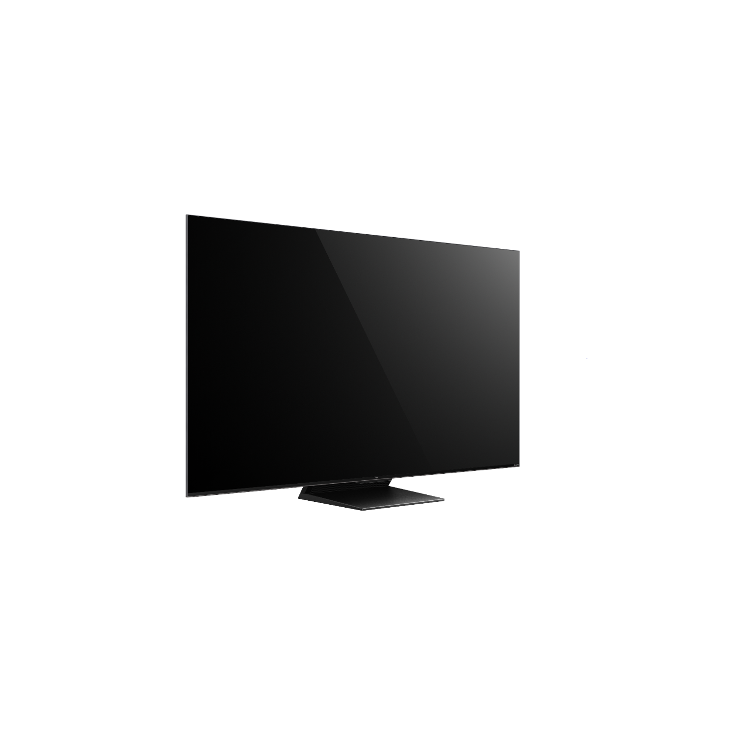 A black TV on a stand against a black background, angled slightly.