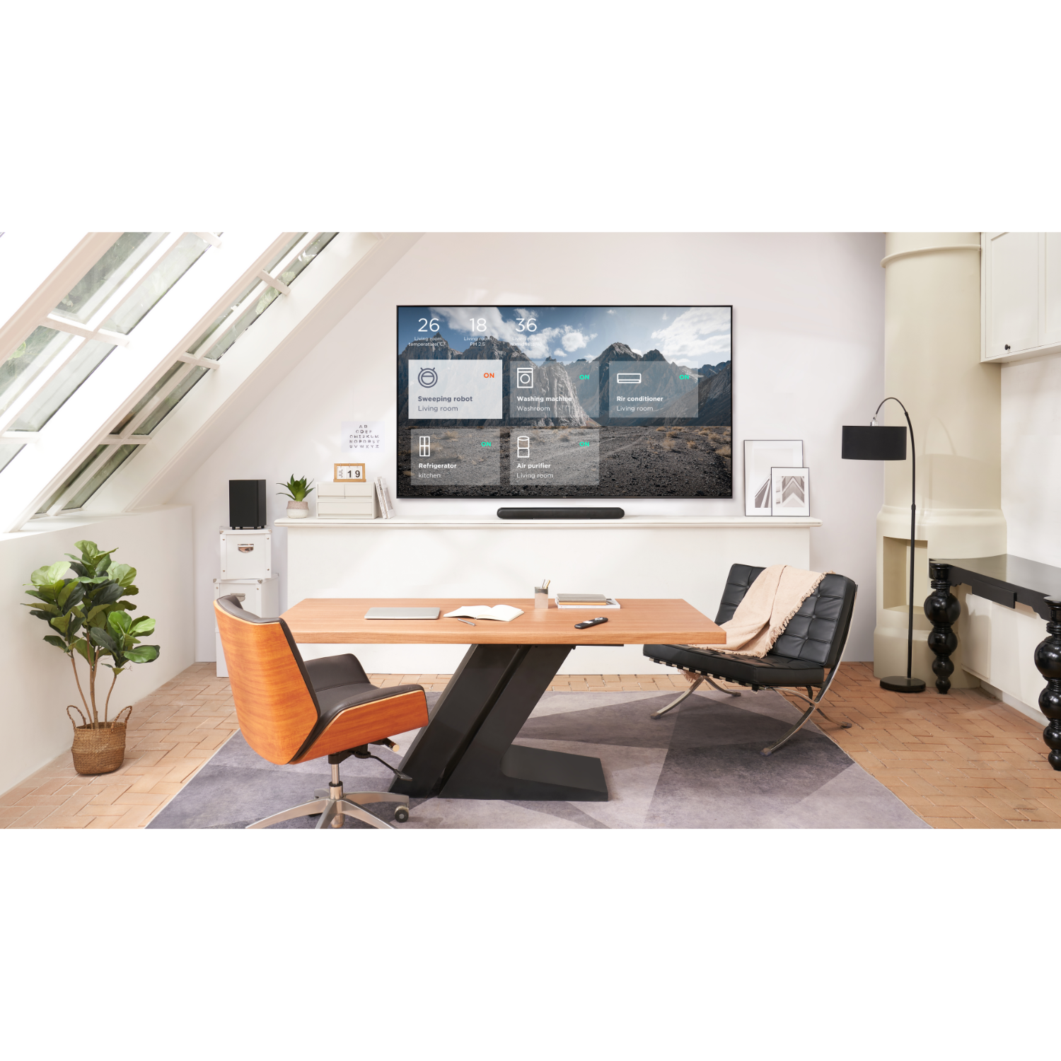 A modern living room with a large TV, desk, and chair, with natural light from a window.