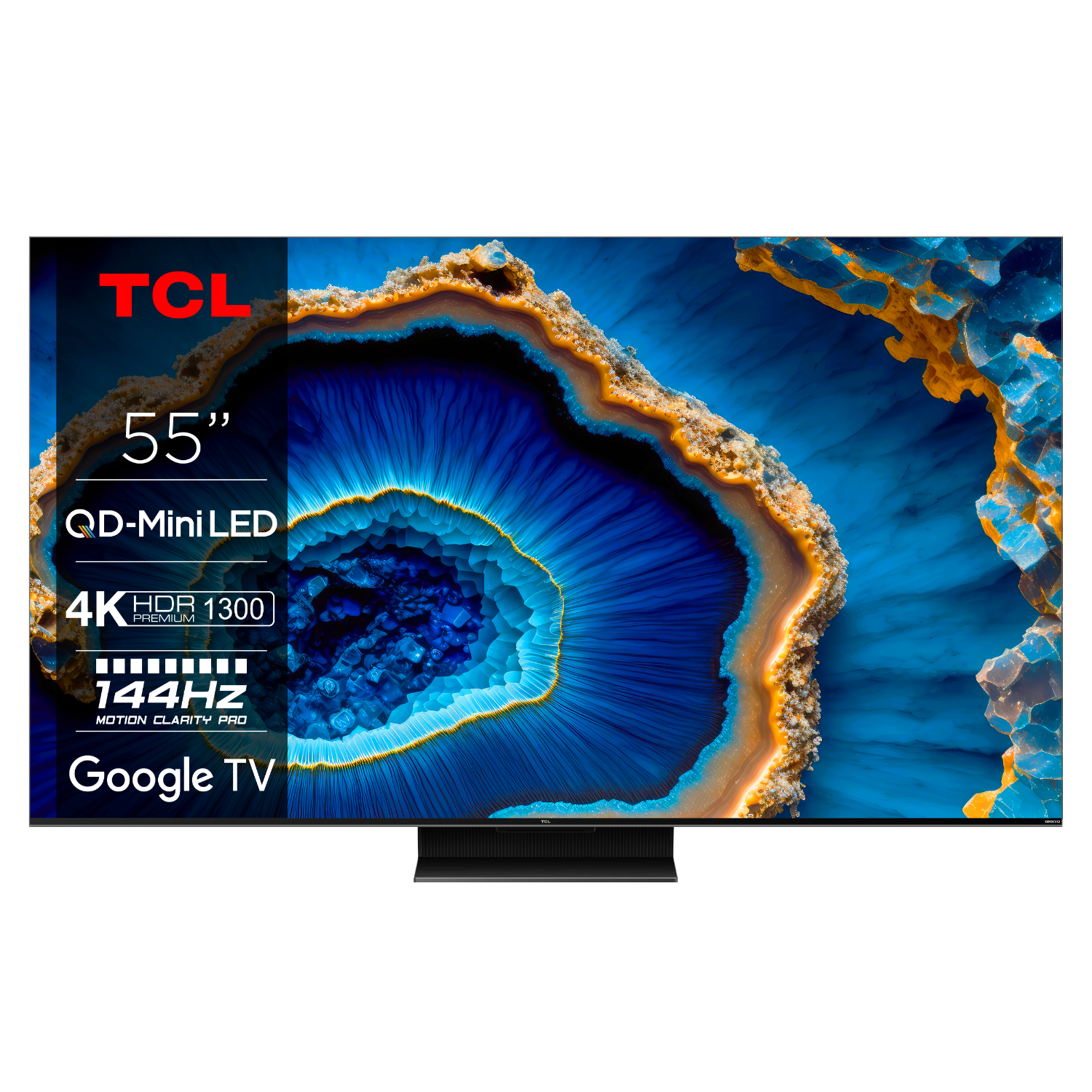 TCL 55-inch tv met een gedetailleerd scherm dat blauwe en oranje abstracte kunst toont.