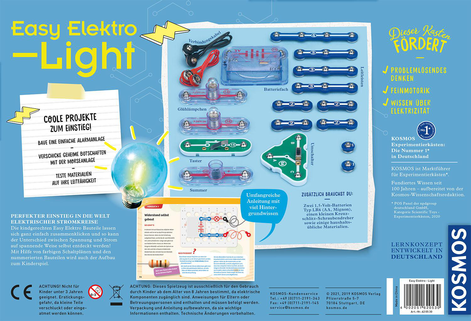 Die Rückseite einer Schachtel mit deutschem Text. Die Worte "Easy Elektro-Light" sind sichtbar.