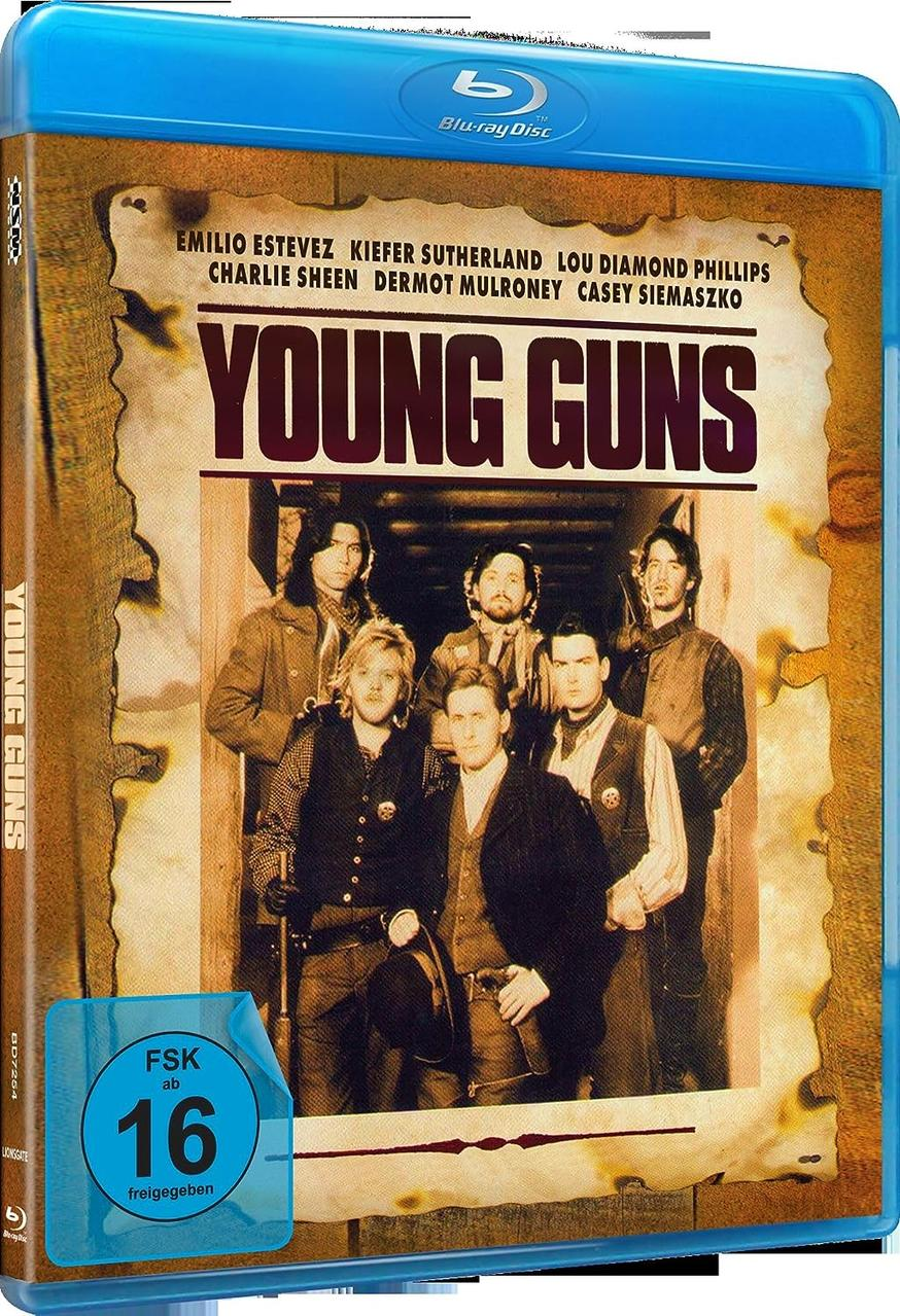 Blu-ray-Hülle des Films 'Young Guns', mit einer Gruppe von Schauspielern in Wildwest-Kleidung.