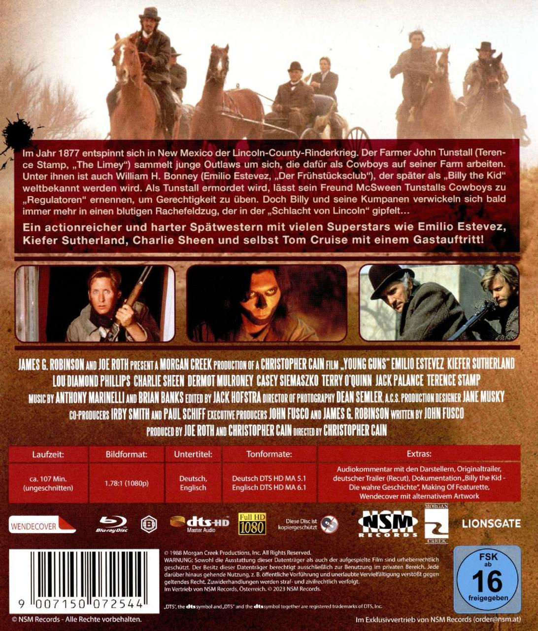 Filmcover für "Young Guns". Zeigt Schauspieler auf Pferden und den Filmtitel.