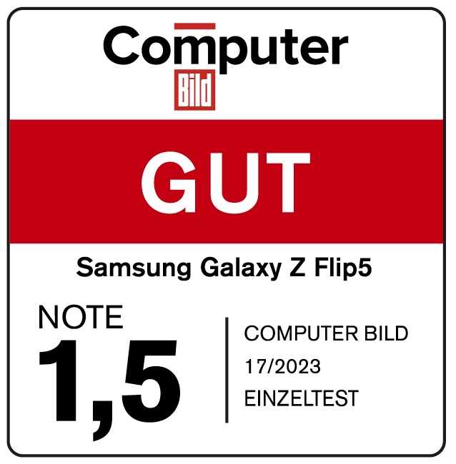 Computer Bild Bewertung: Samsung Galaxy Z Flip5, Note 1,5, rotes 'GUT' in weißer Box.