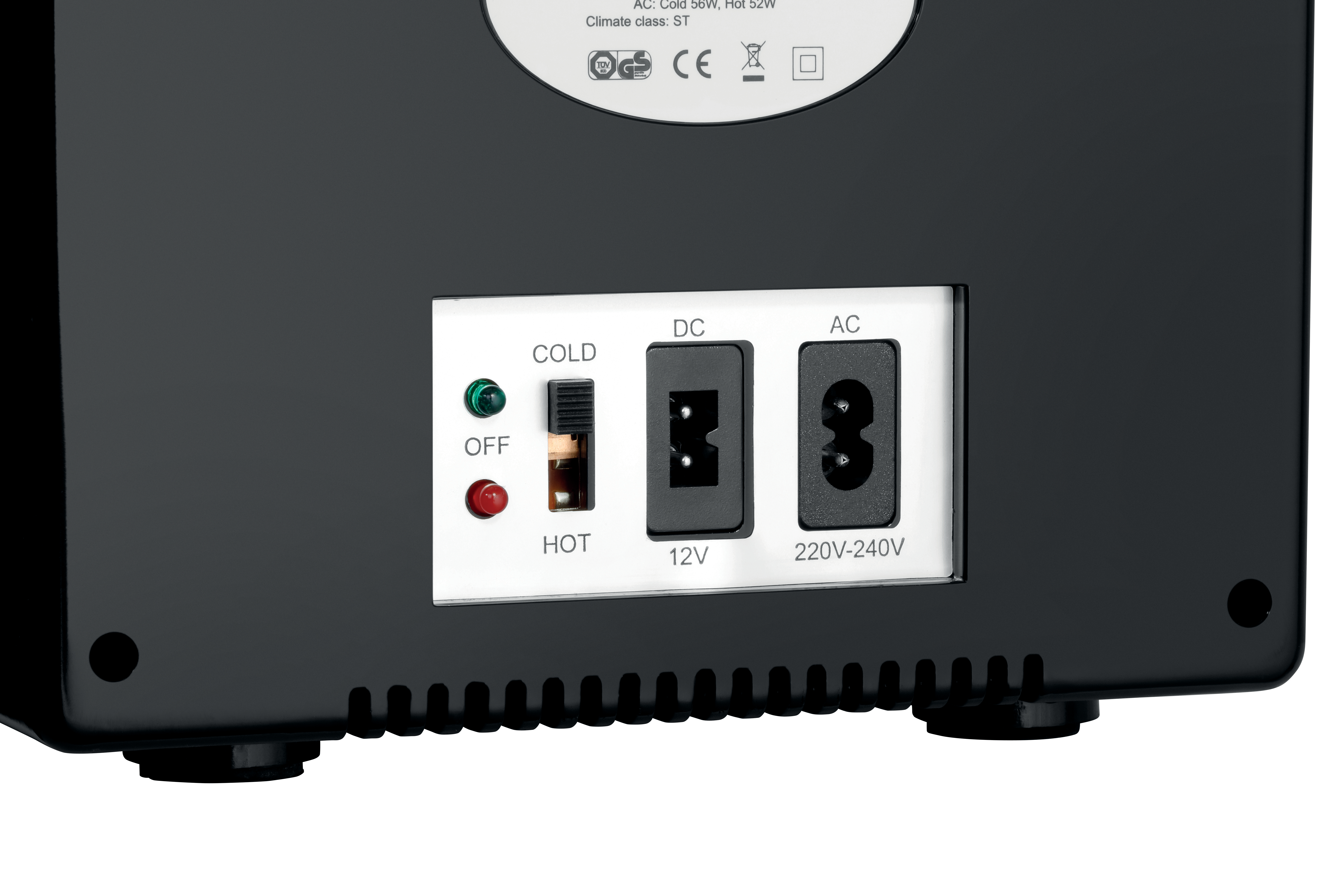 Schwarze Geräte Rückseite mit Stromanschlüssen, Ein/Aus-Schalter und Kontrollleuchten. Beschriftungen umfassen DC, AC, 12V, 220V-240V, Cold, Hot, und Off.