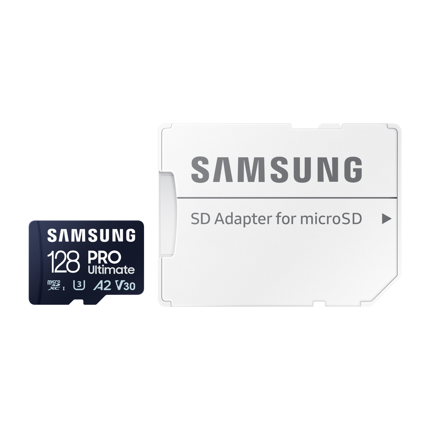SD card and adapter with Samsung branding on a white background.
