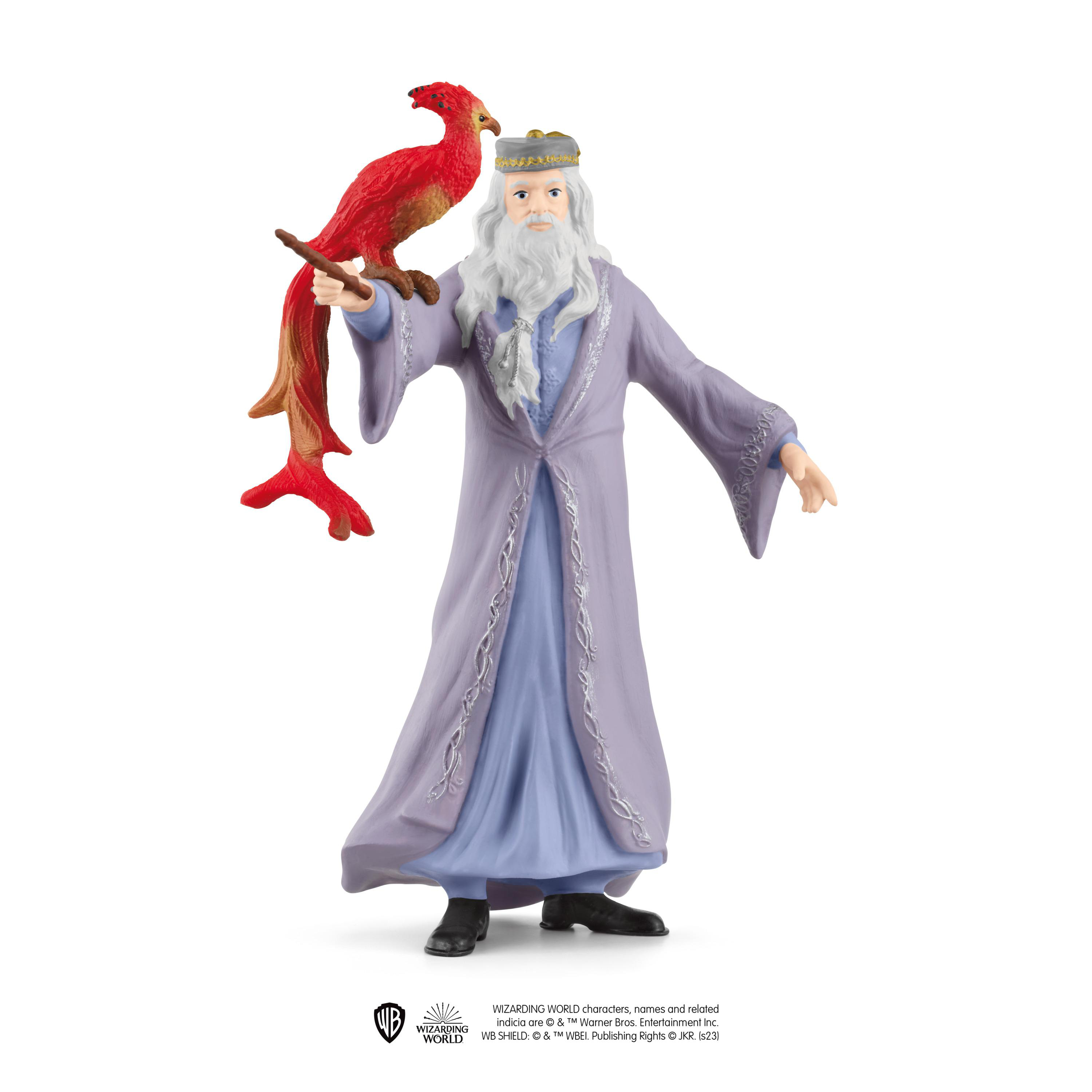 Eine Figur von Dumbledore, der Fawkes, den Phönix, hält.