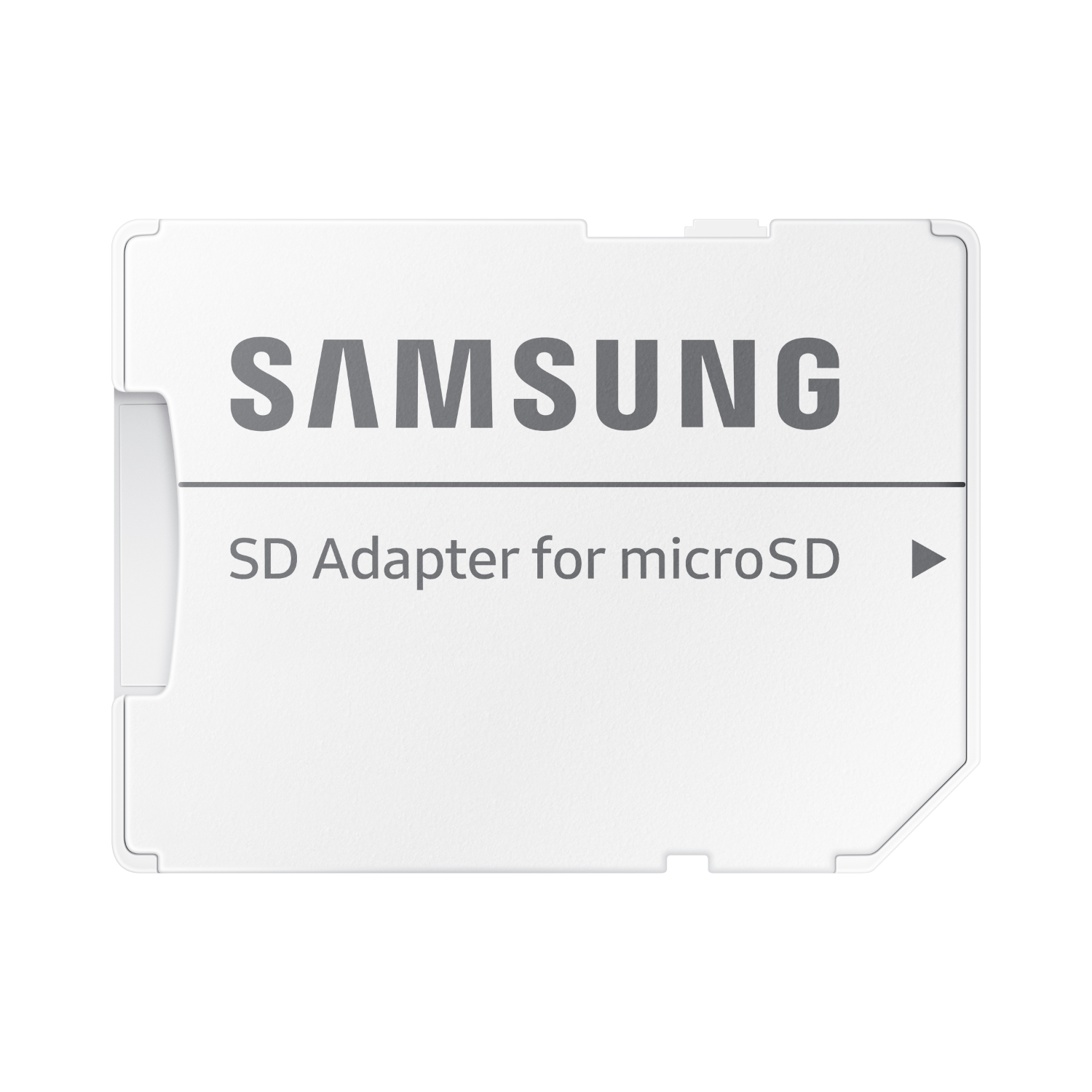 White Samsung SD adapter for microSD card, with Samsung logo and text, on white background.