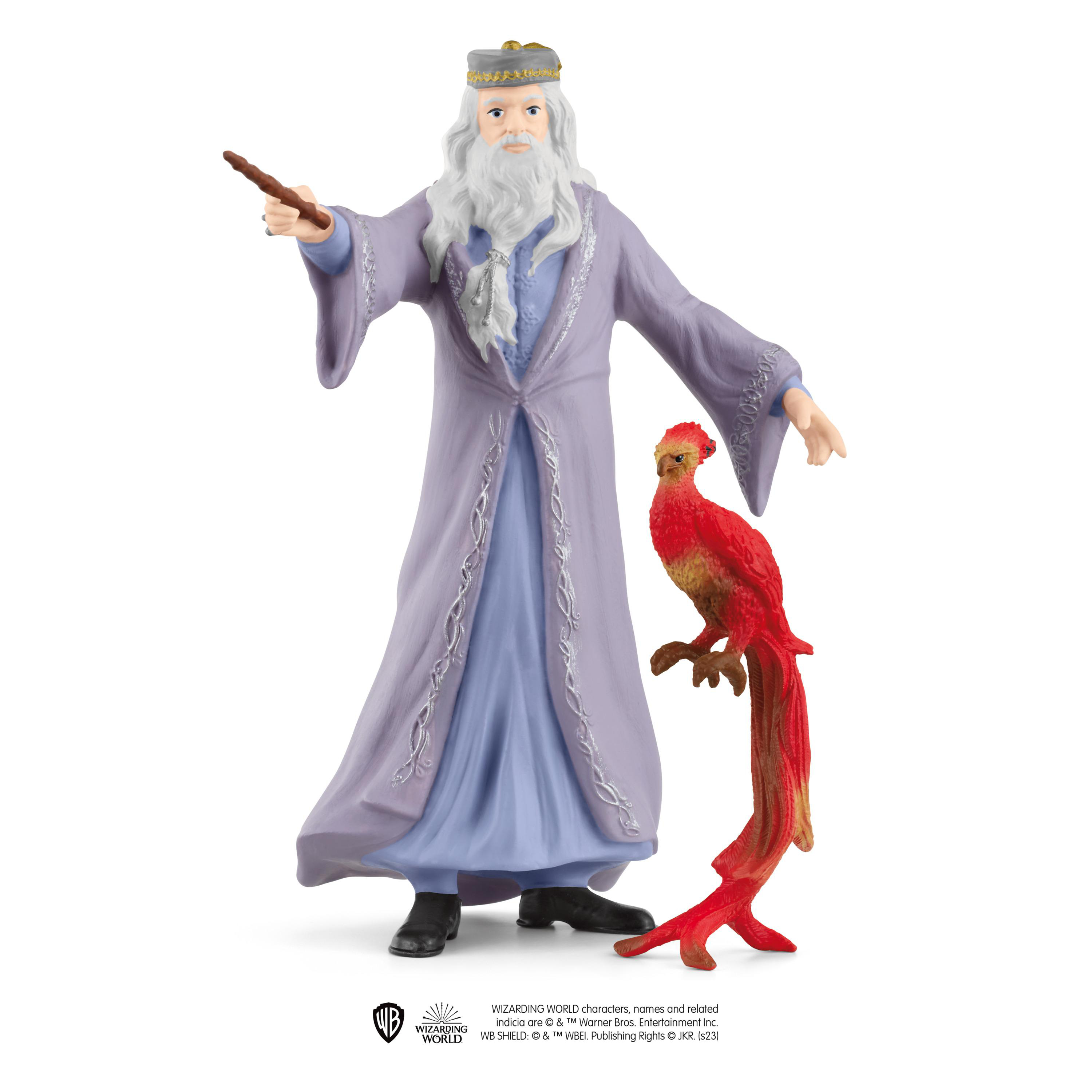 Dumbledore-Figur mit Zauberstab und Phönix. Figur ist lila und weiß.