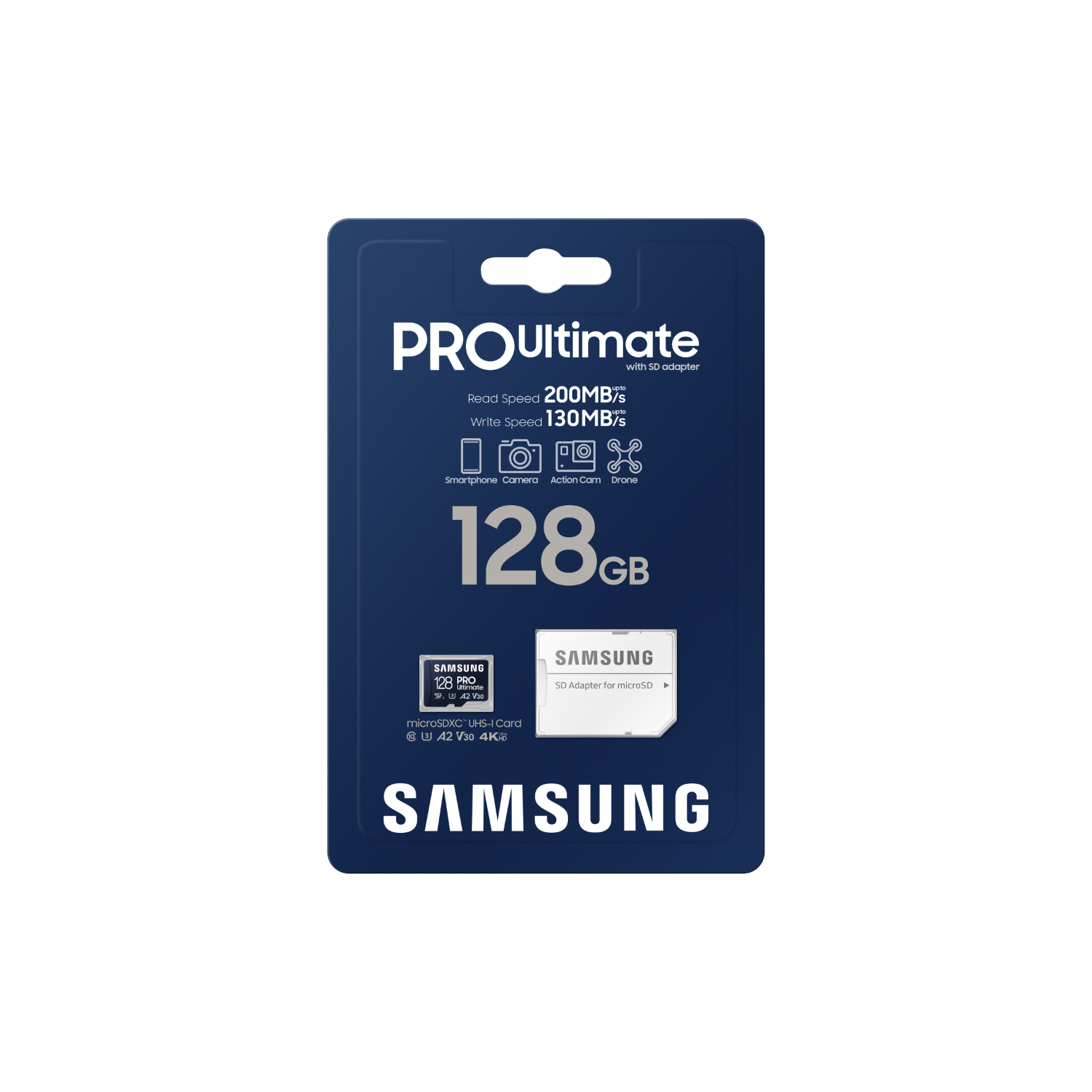 Packaging of a 128GB Samsung microSD card, with the card and adapter visible.