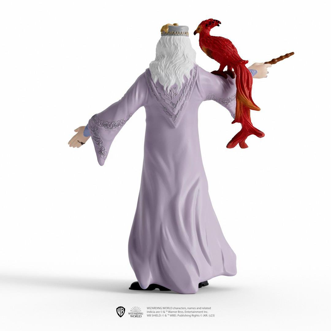 Dumbledore-Figur mit rotem Phönix. Weißer Hintergrund.