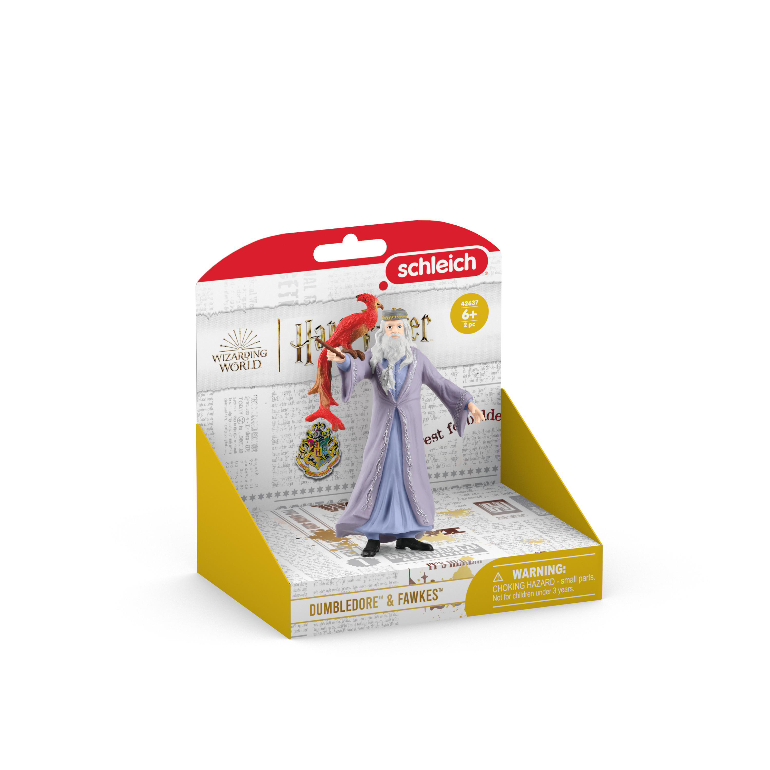 Dumbledore- und Fawkes-Figur in einer Box mit Zauberwelt-Branding.