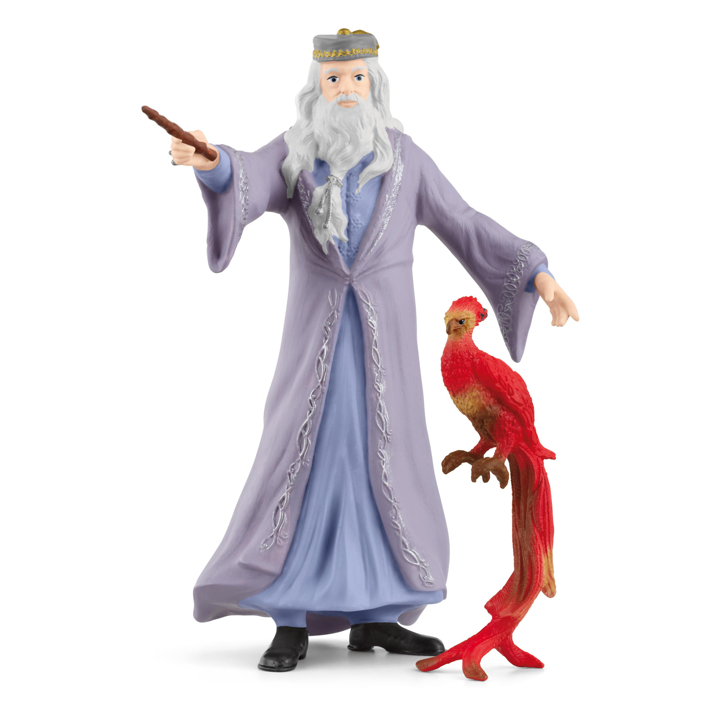 Dumbledore-Figur mit Zauberstab und Phönix, vor weißem Hintergrund.