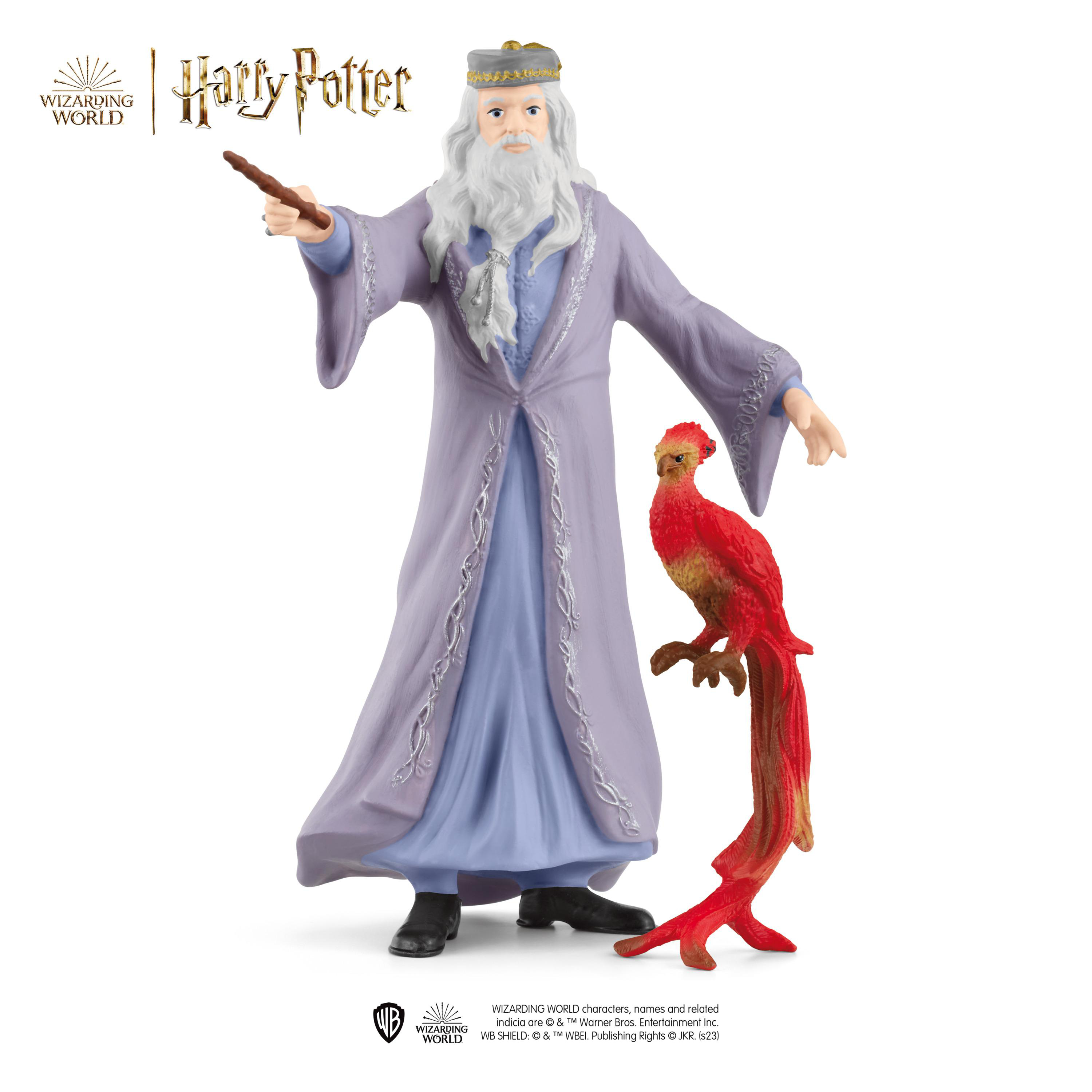 Dumbledore-Figur mit Phönix. Dumbledore in lila Roben, mit Zauberstab, neben einem roten Phönix.