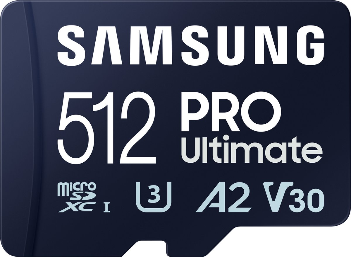 A blue microSD card with 'SAMSUNG' and '512 PRO Ultimate' text, plus logos for micro SD and U3 A2 V30.