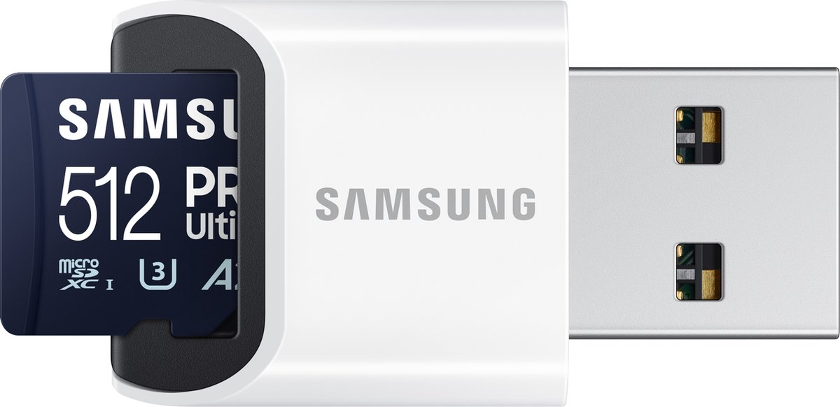 A white USB adapter with a blue microSD card inserted.