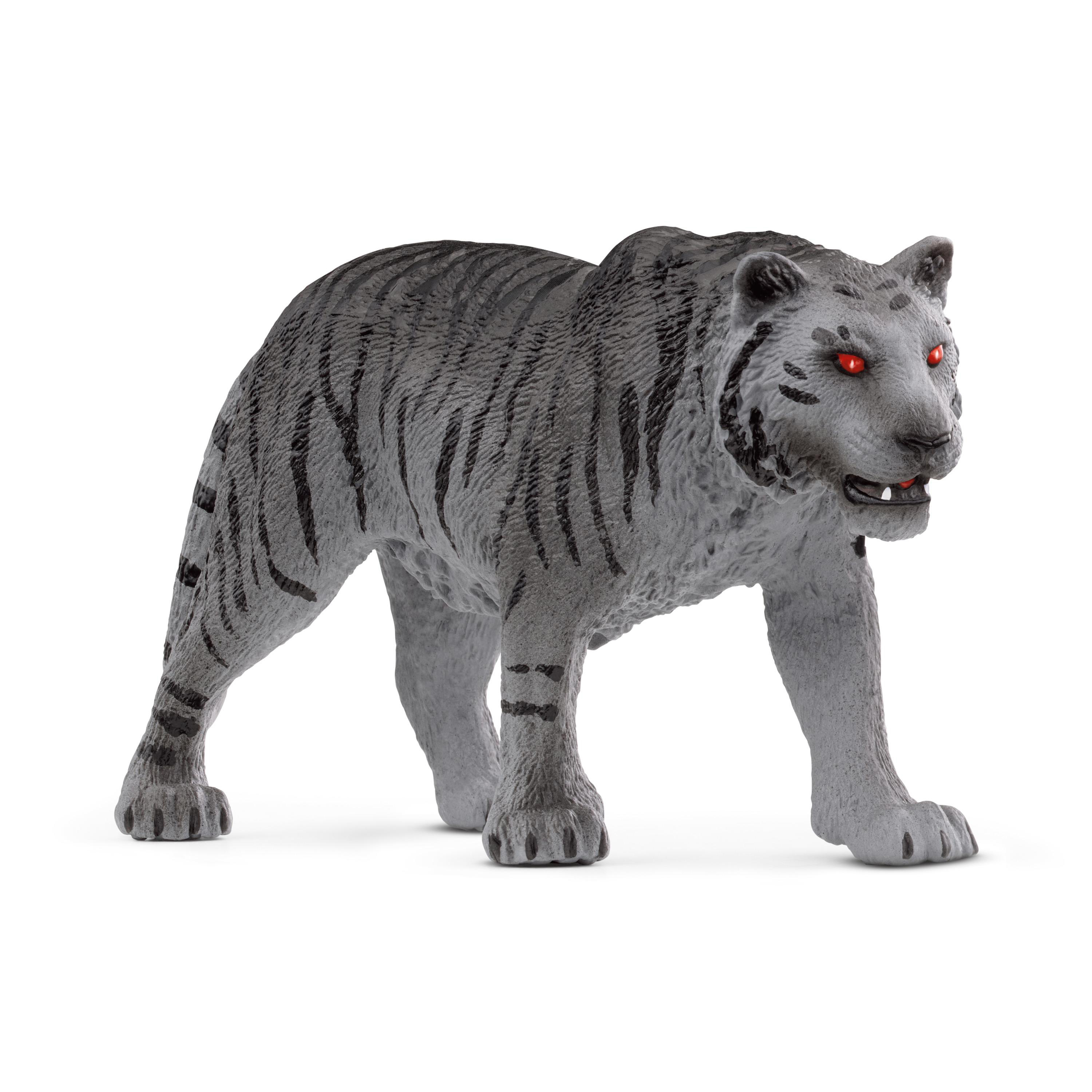Spielzeugtiger-Figur, grau mit schwarzen Streifen, roten Augen und weißem Hintergrund.
