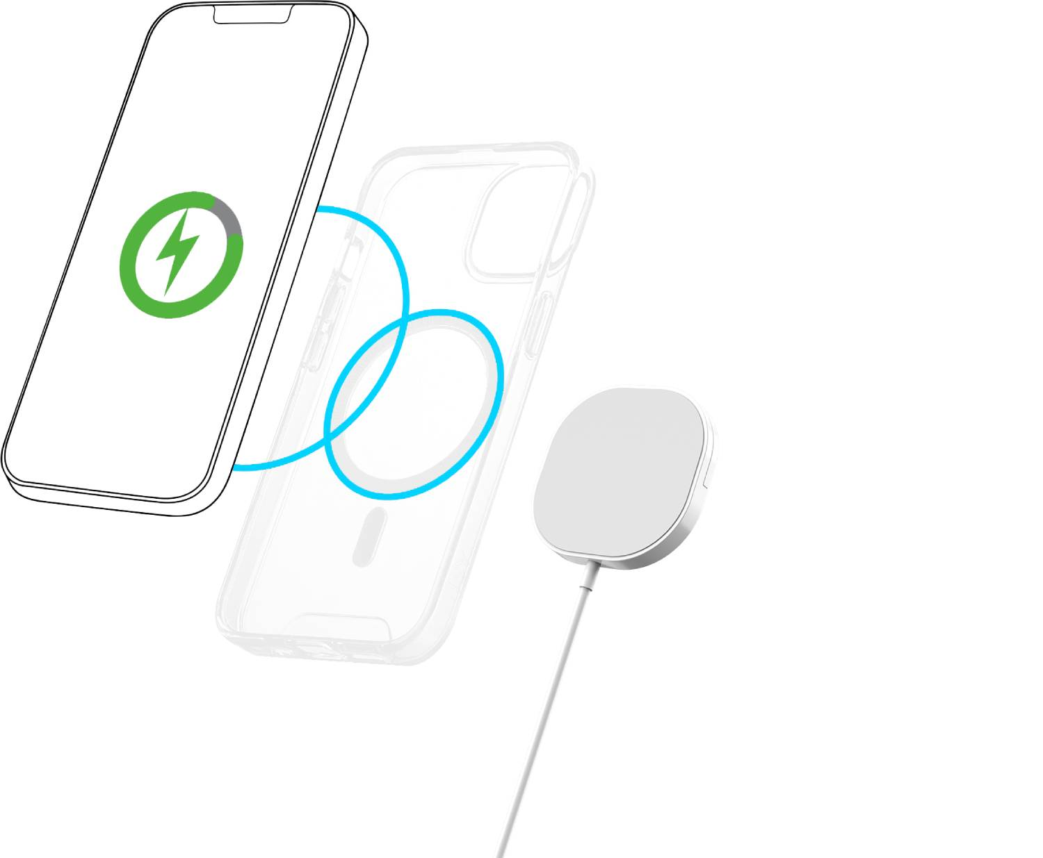 Cargador inalámbrico blanco con un teléfono, una funda e icono de carga.