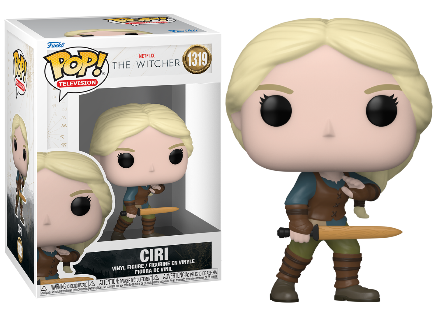 Figura Funko Pop de Ciri de The Witcher con espada, pelo rubio, chaleco marrón.