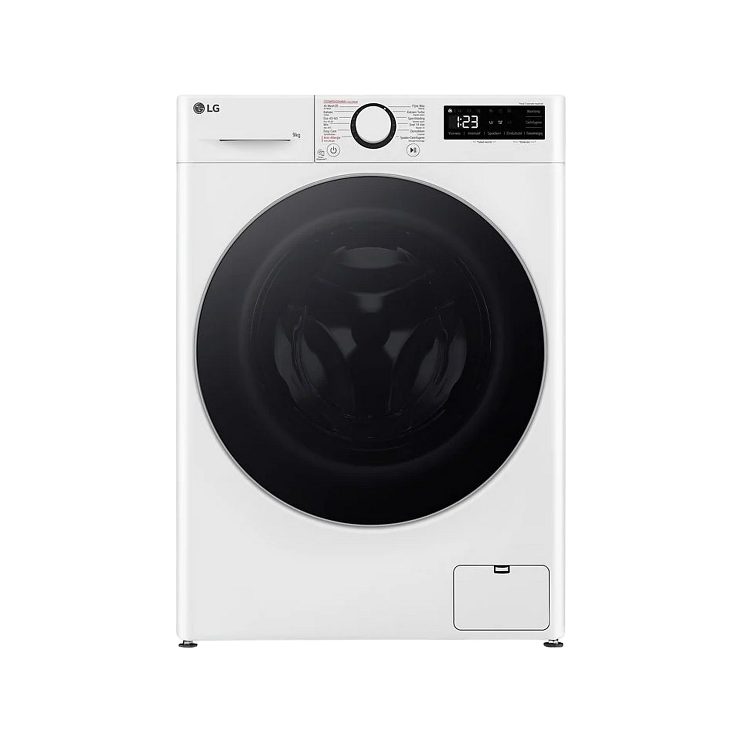 Witte LG wasmachine. Zwarte ronde deur, bedieningspaneel en wasmiddellade.