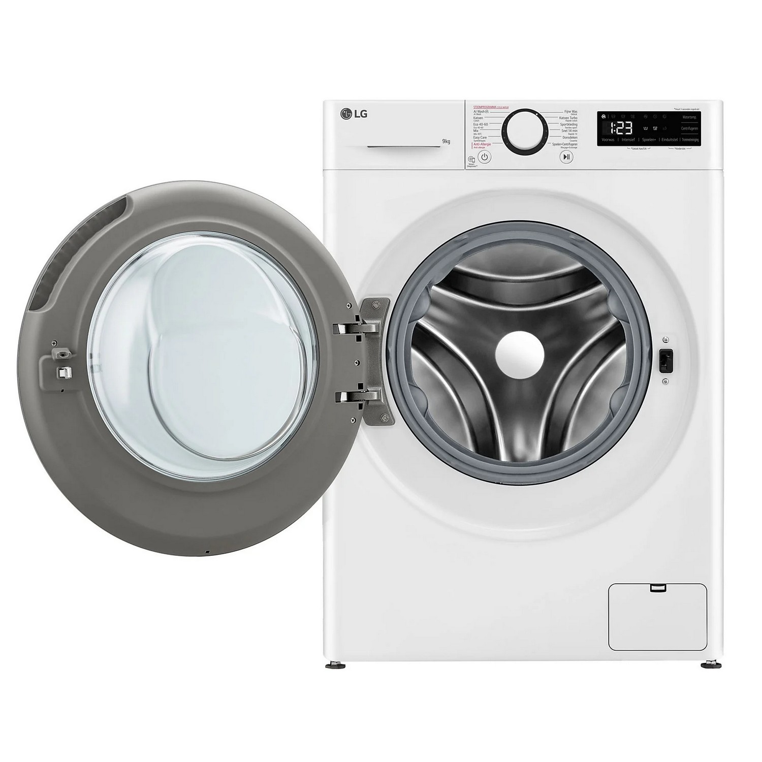 Witte wasmachine met de deur open, waarbij de trommel zichtbaar is. De deur is grijs.