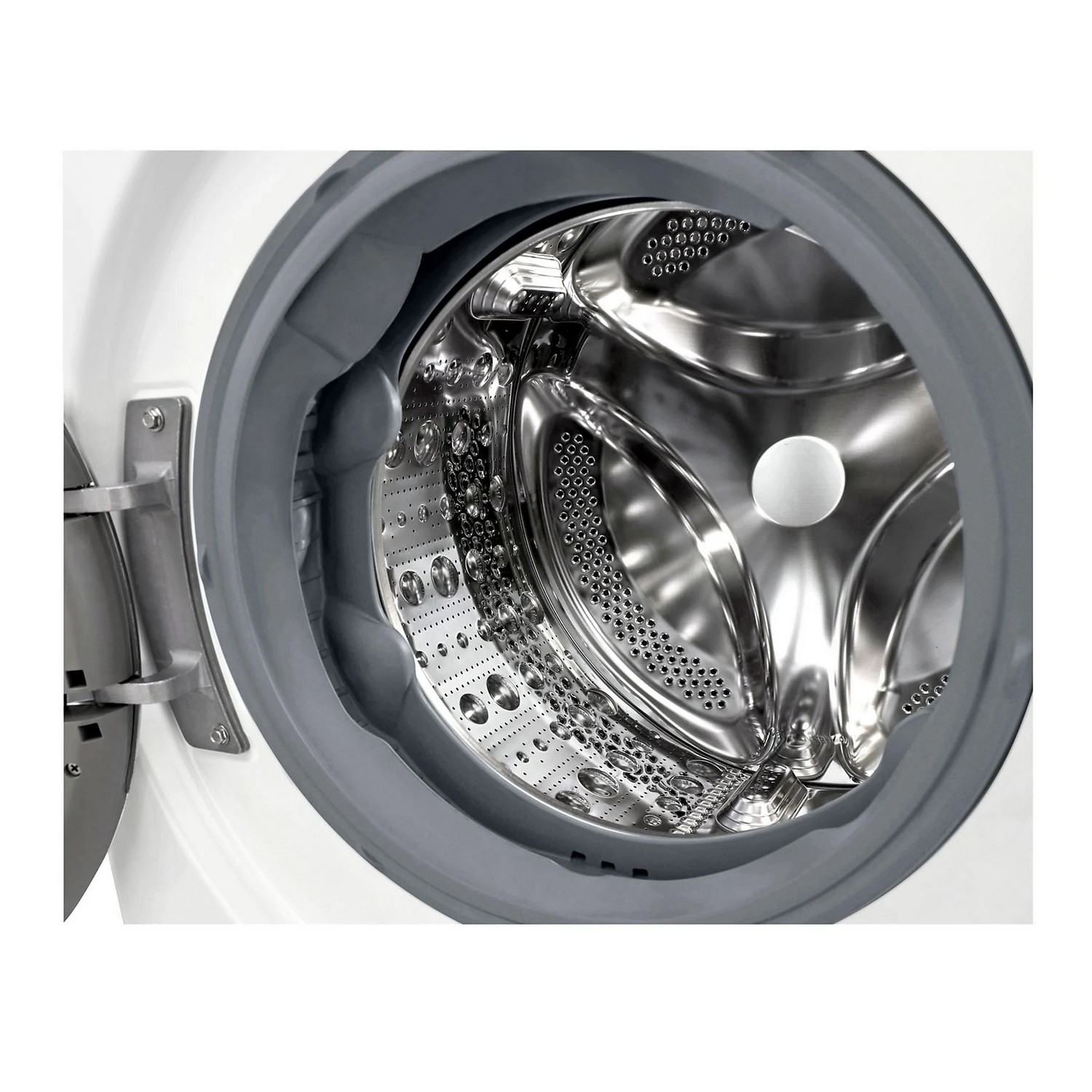 Wasmachinetrommel met open deur, close-up.