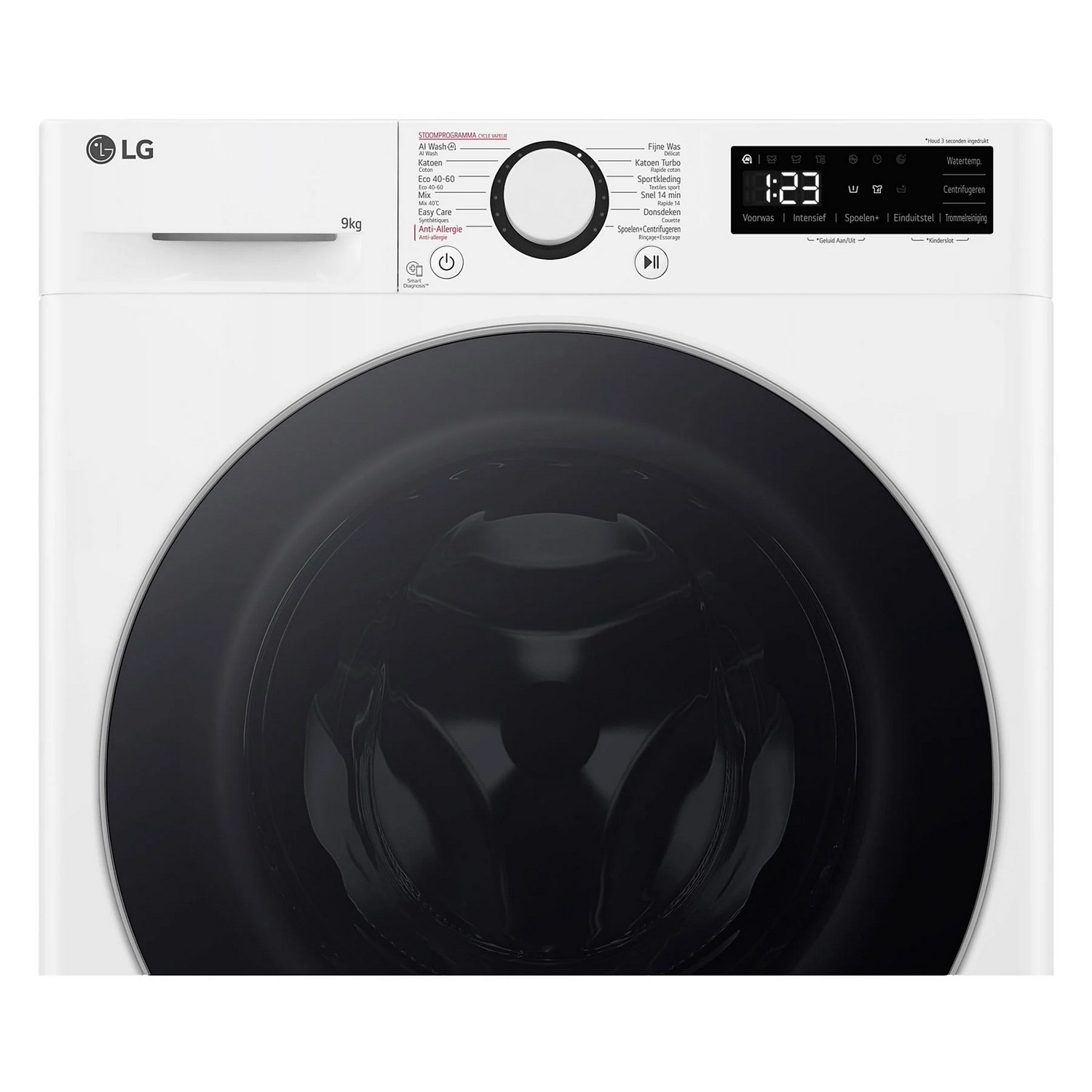 Close-up van een witte LG wasmachine. De bediening en het display zijn zichtbaar. Een zwarte deur staat in het midden.