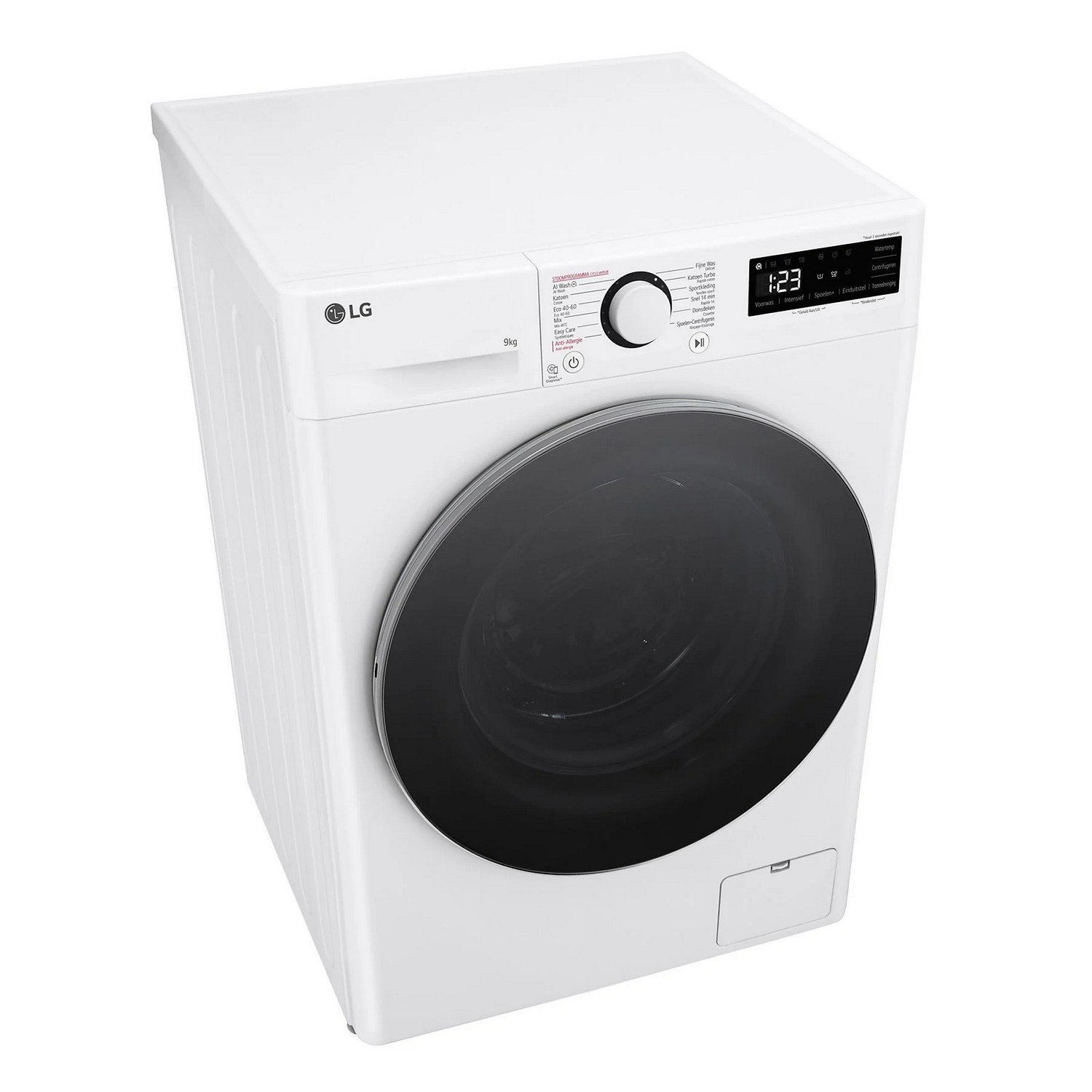 Witte LG wasmachine, bovenaanzicht, met zwarte deur en bedieningspaneel.