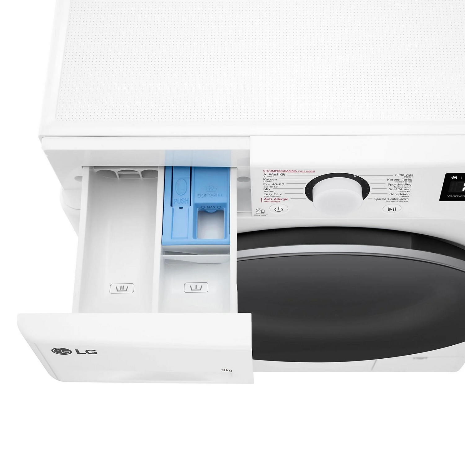 Wasmachine met open wasmiddellade met blauwe en witte compartimenten.