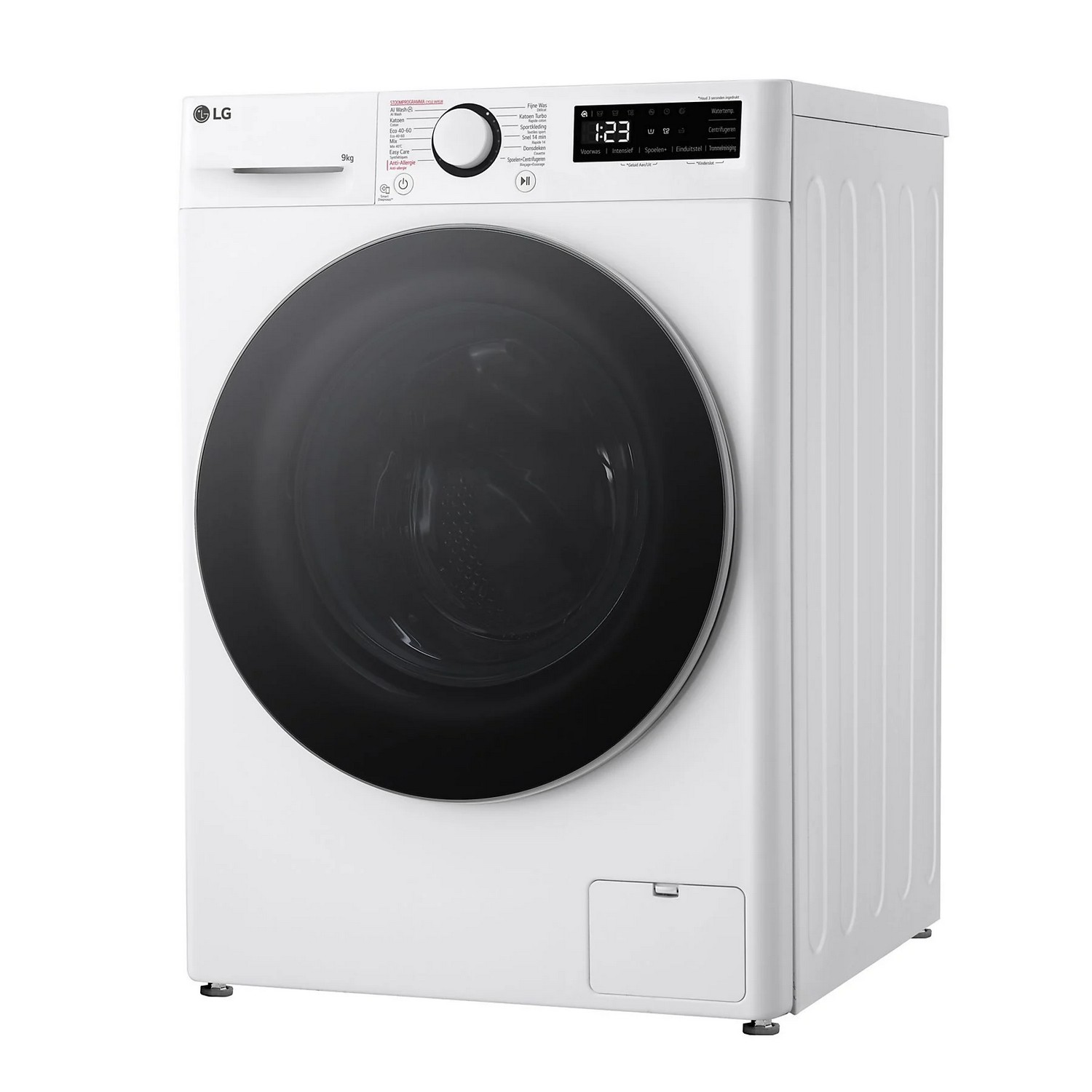 Witte LG wasmachine, vooraanzicht, met een zwarte deur, op een witte achtergrond.