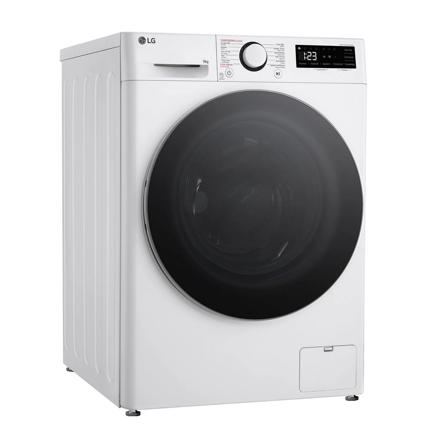 Witte LG wasmachine met een zwarte deur en bedieningspaneel.