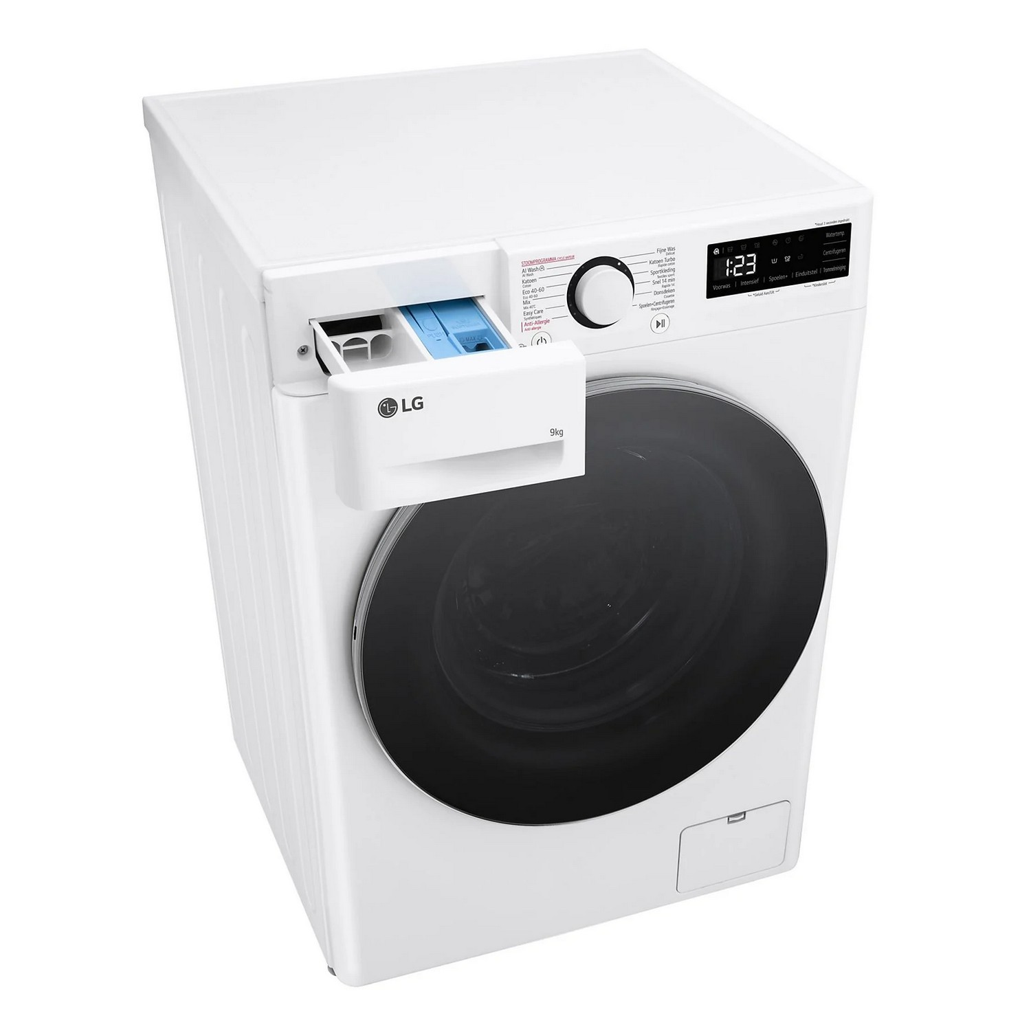 Een witte wasmachine, bovenaanzicht, met de wasmiddellade en het bedieningspaneel.