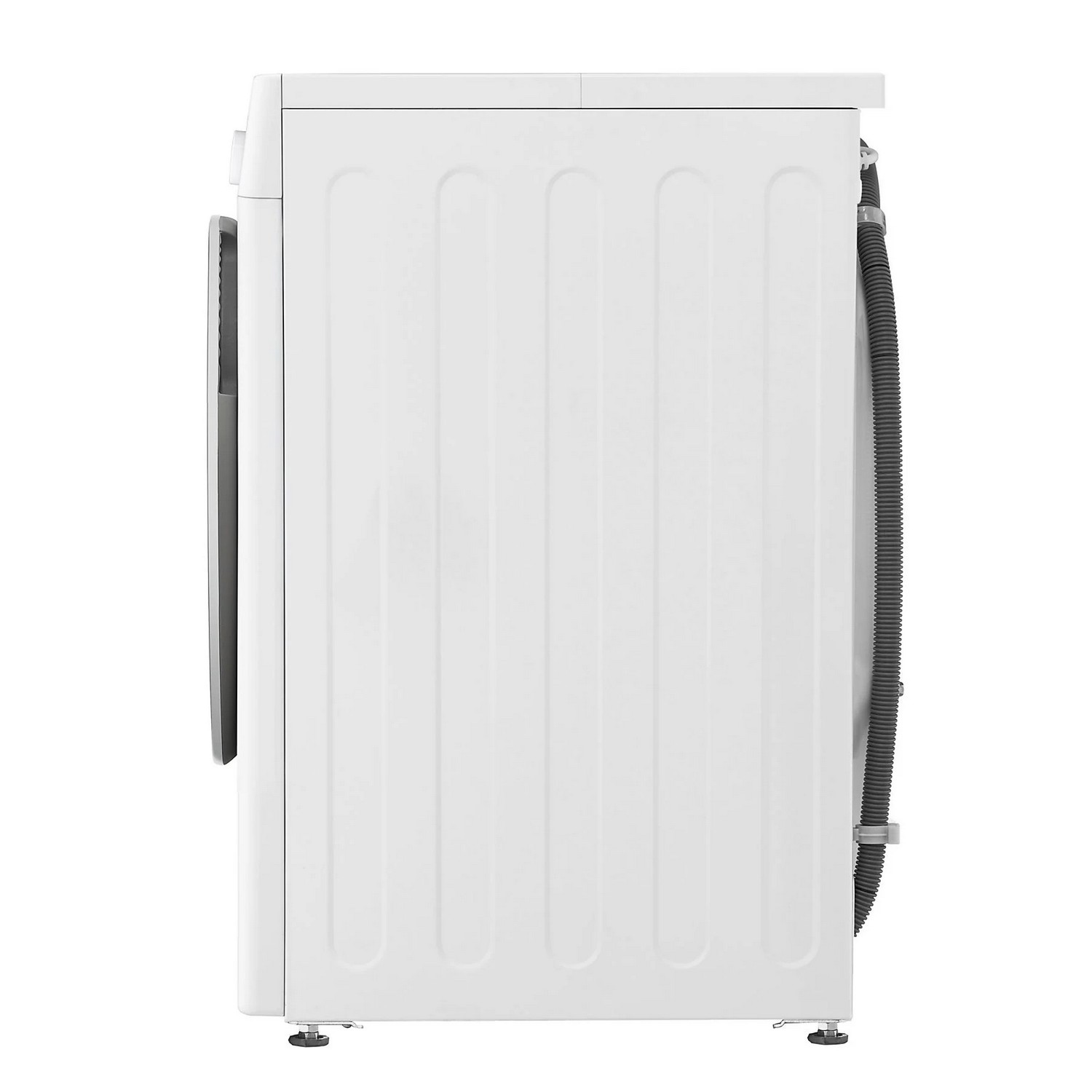 Zijaanzicht van een witte wasmachine met een zwarte deur.
