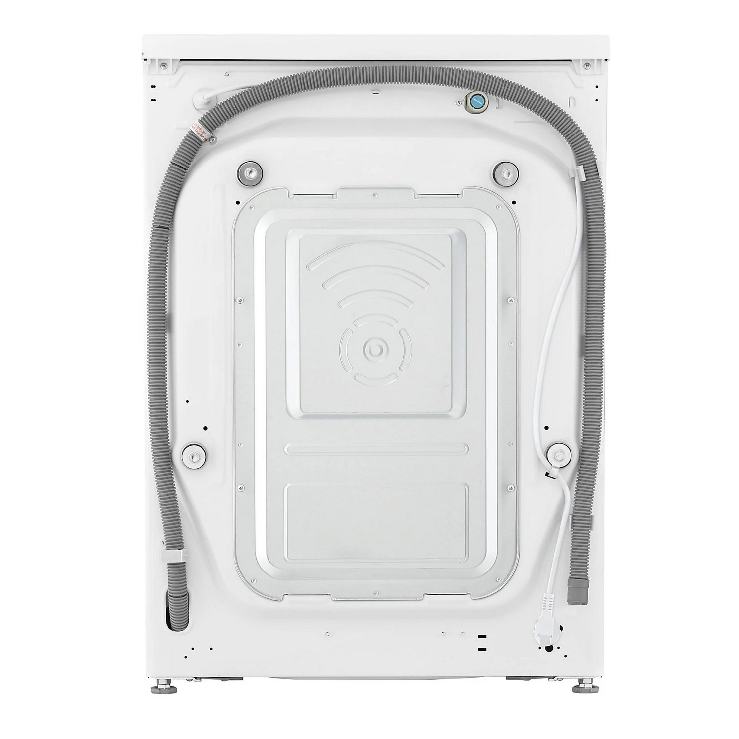 De achterkant van een witte wasmachine met slangen en kabels.