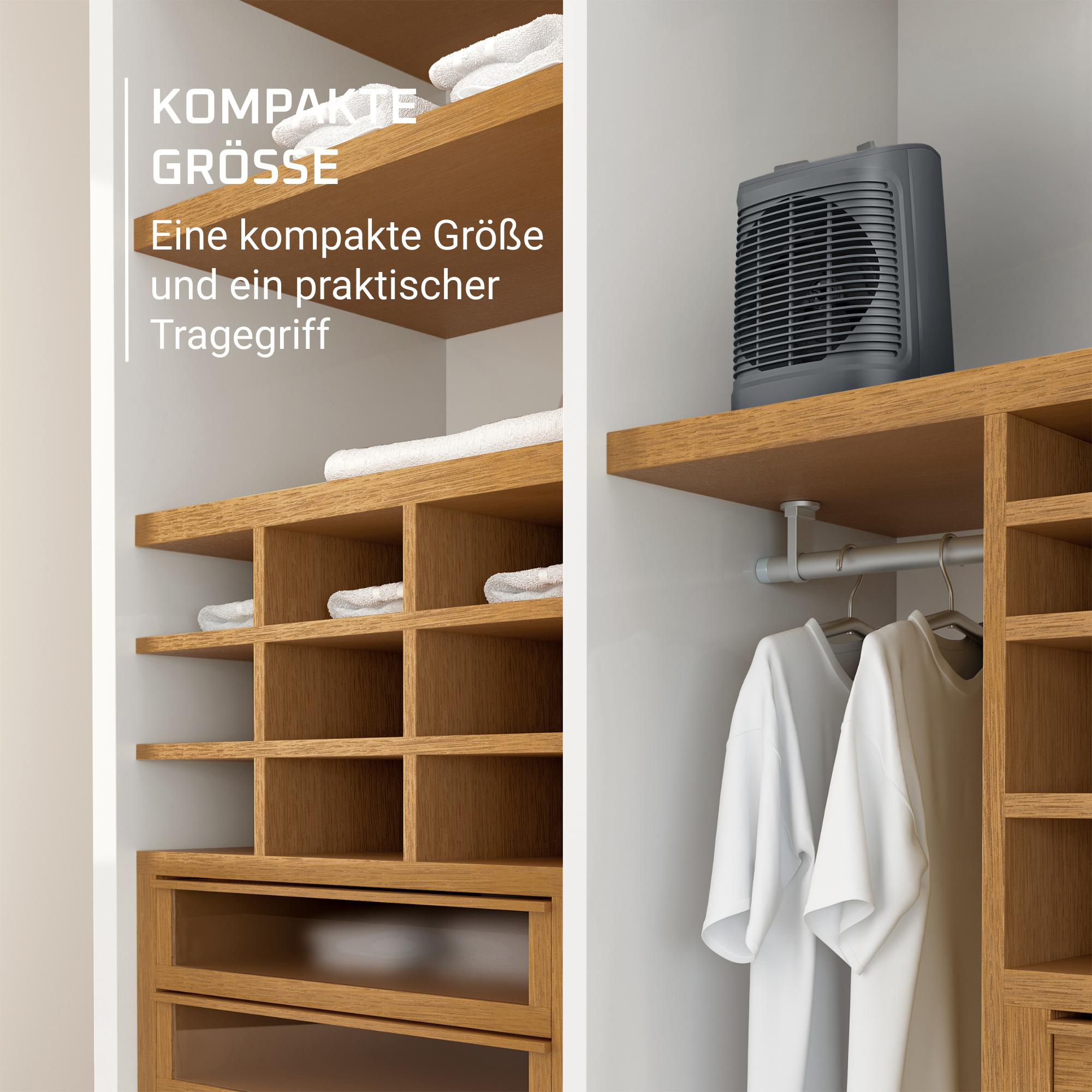 Holzschrank mit Regalen, Handtüchern und einem grauen Heizgerät. Weiße Wände.
