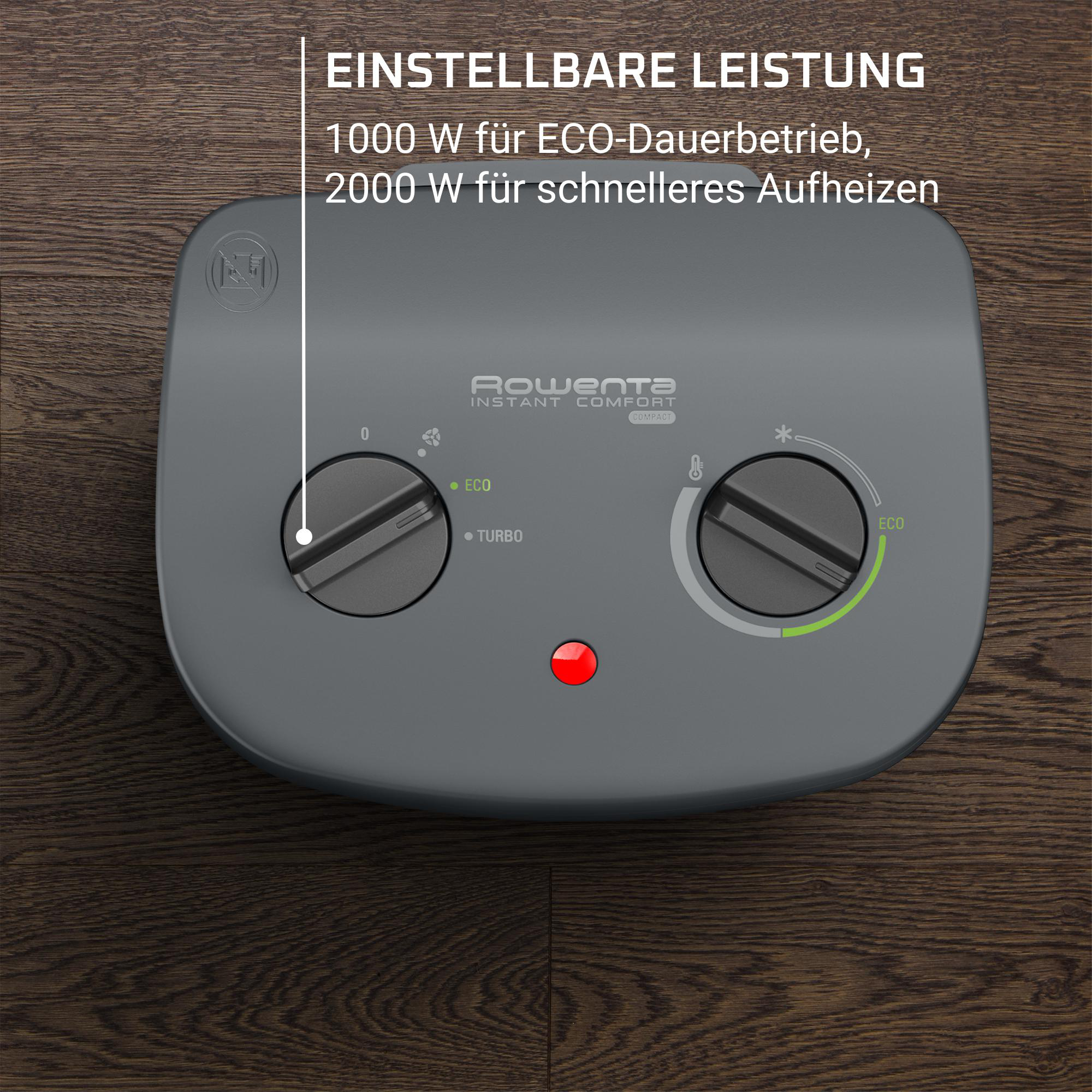 Ein grauer Rowenta Instant Comfort Heizlüfter mit einstellbaren Leistungseinstellungen.