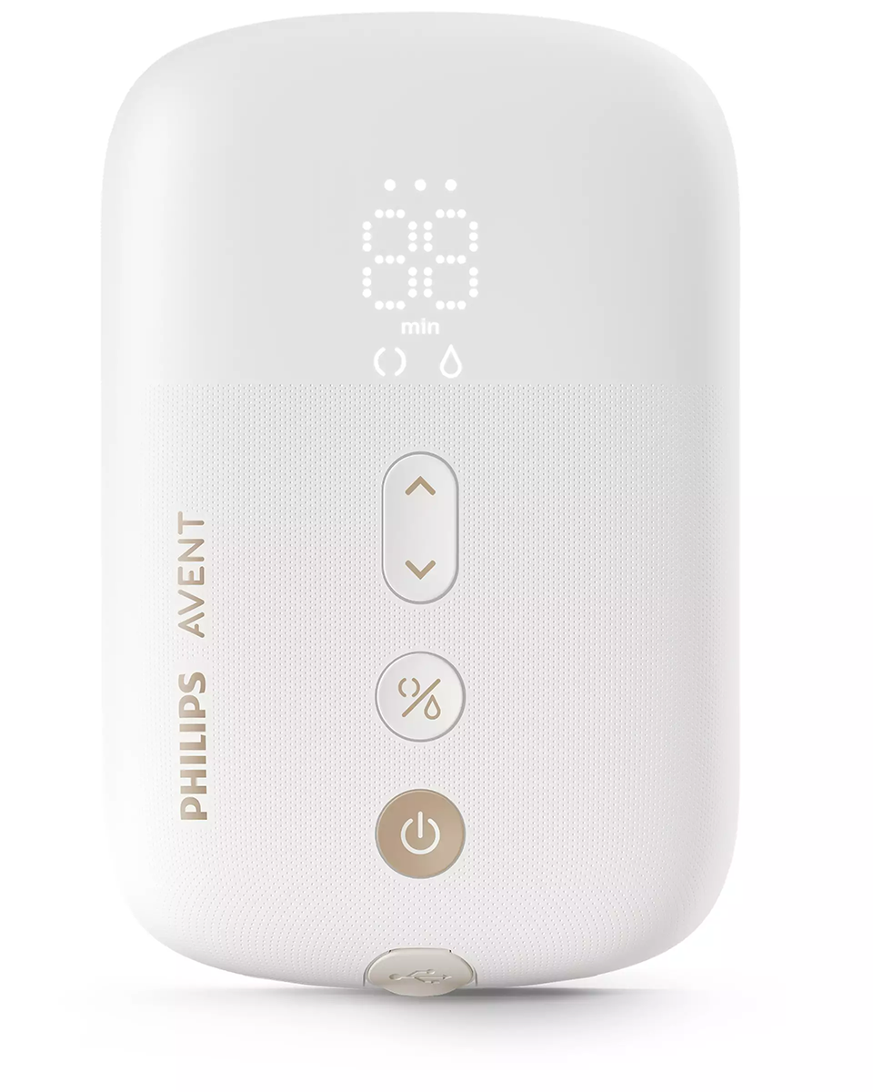 Fehér Philips Avent készülék digitális kijelzővel és gombokkal. Időzítőt és beállításokat mutat a tejhez.