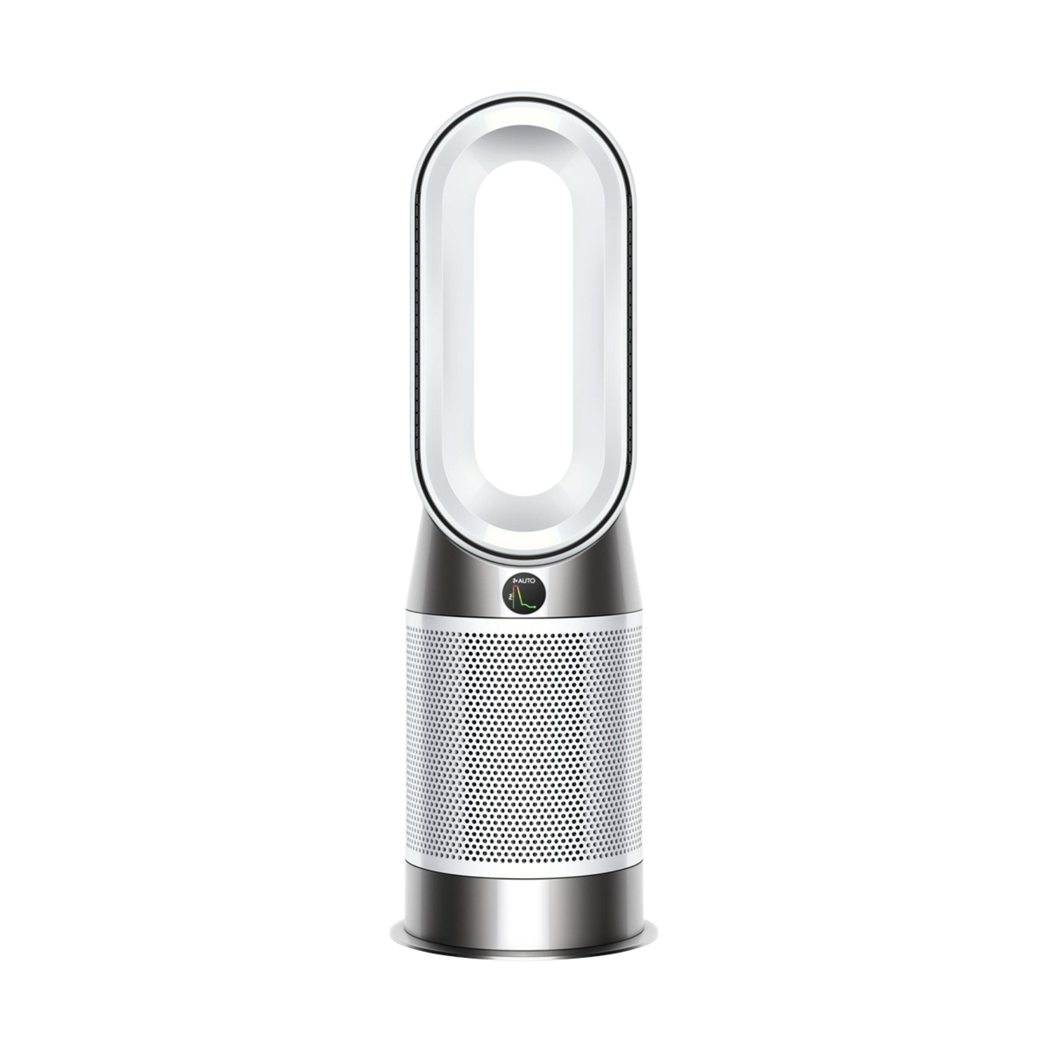 Purificateur d'air Dyson blanc et argenté. Il a une boucle et une base cylindrique.