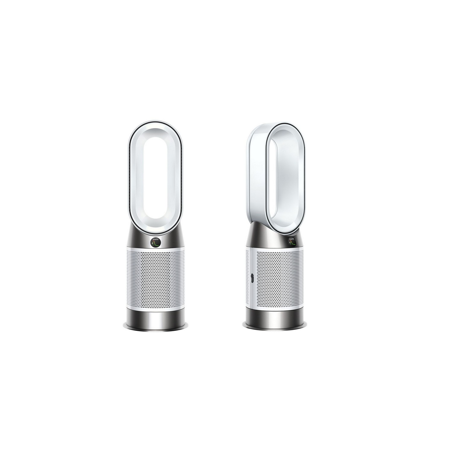 Deux purificateurs d'air Dyson argentés et blancs sur fond blanc.