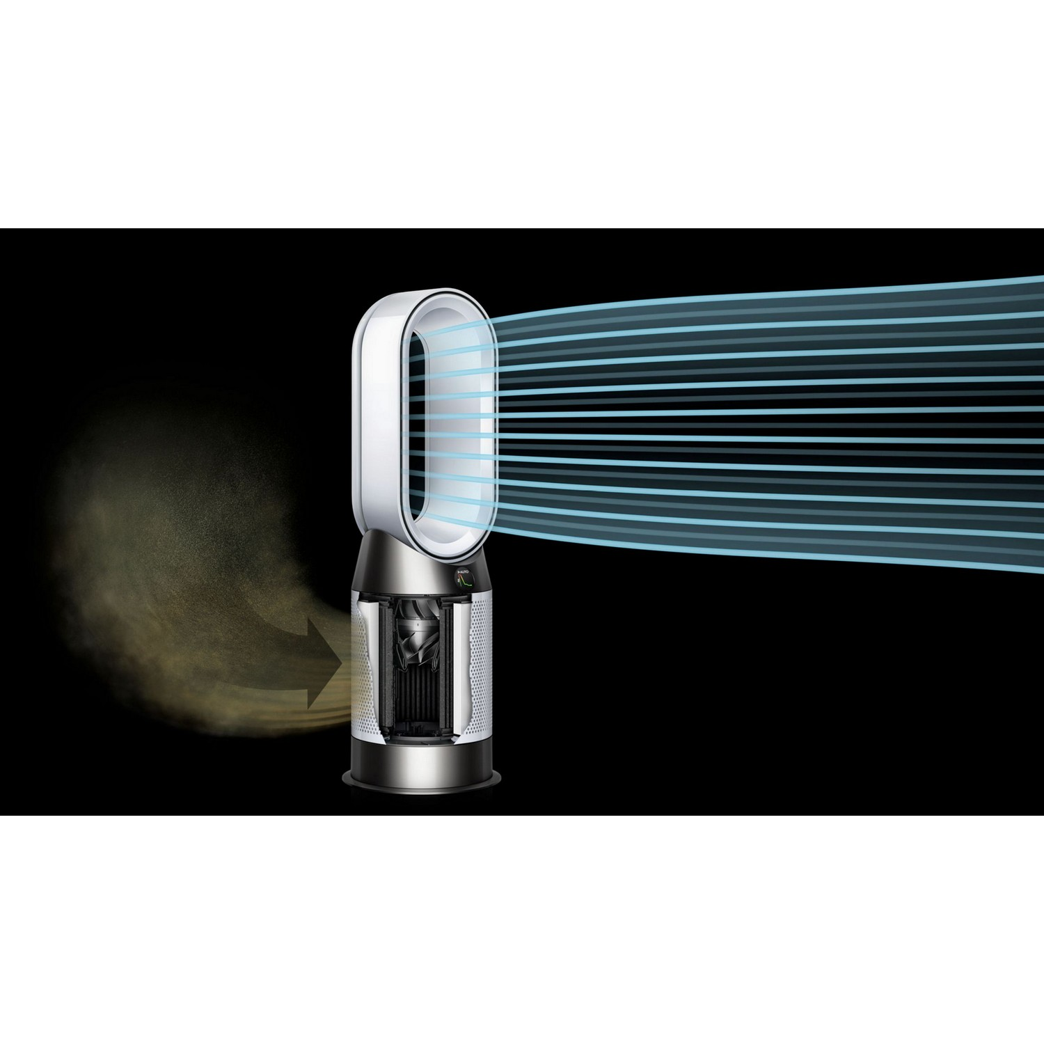 Purificateur d'air blanc et argenté avec flux d'air bleu.