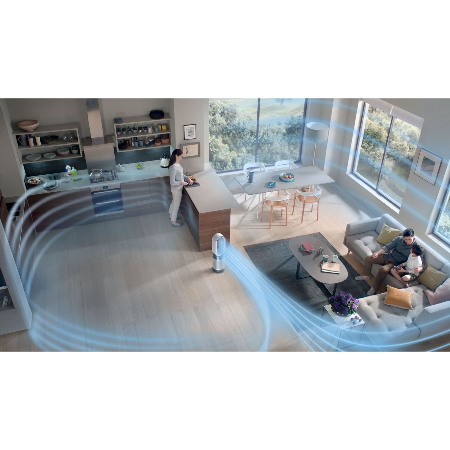 Vue aérienne d'une cuisine et d'un salon modernes. Un ventilateur est au centre.