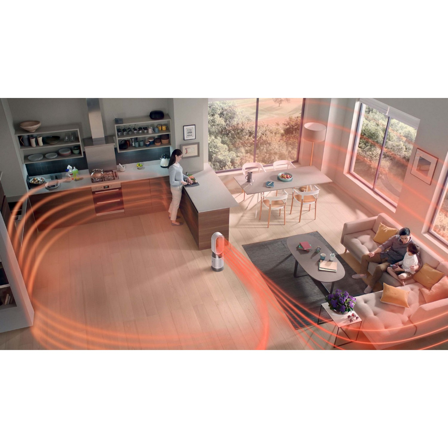 Cuisine et salon avec un ventilateur et des personnes dans la scène.