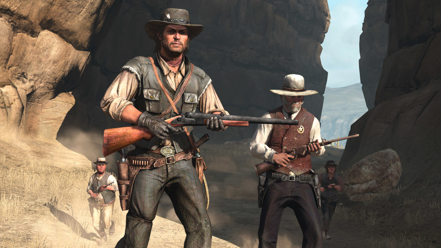 Cowboys in een woestijnomgeving, met wapens, klaar voor actie.