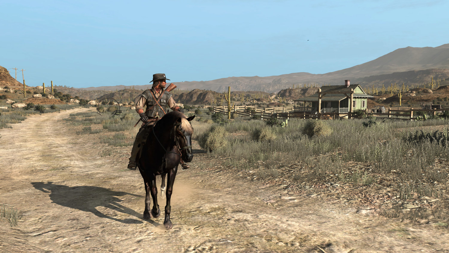 Man te paard in een woestijnlandschap, Red Dead Redemption.