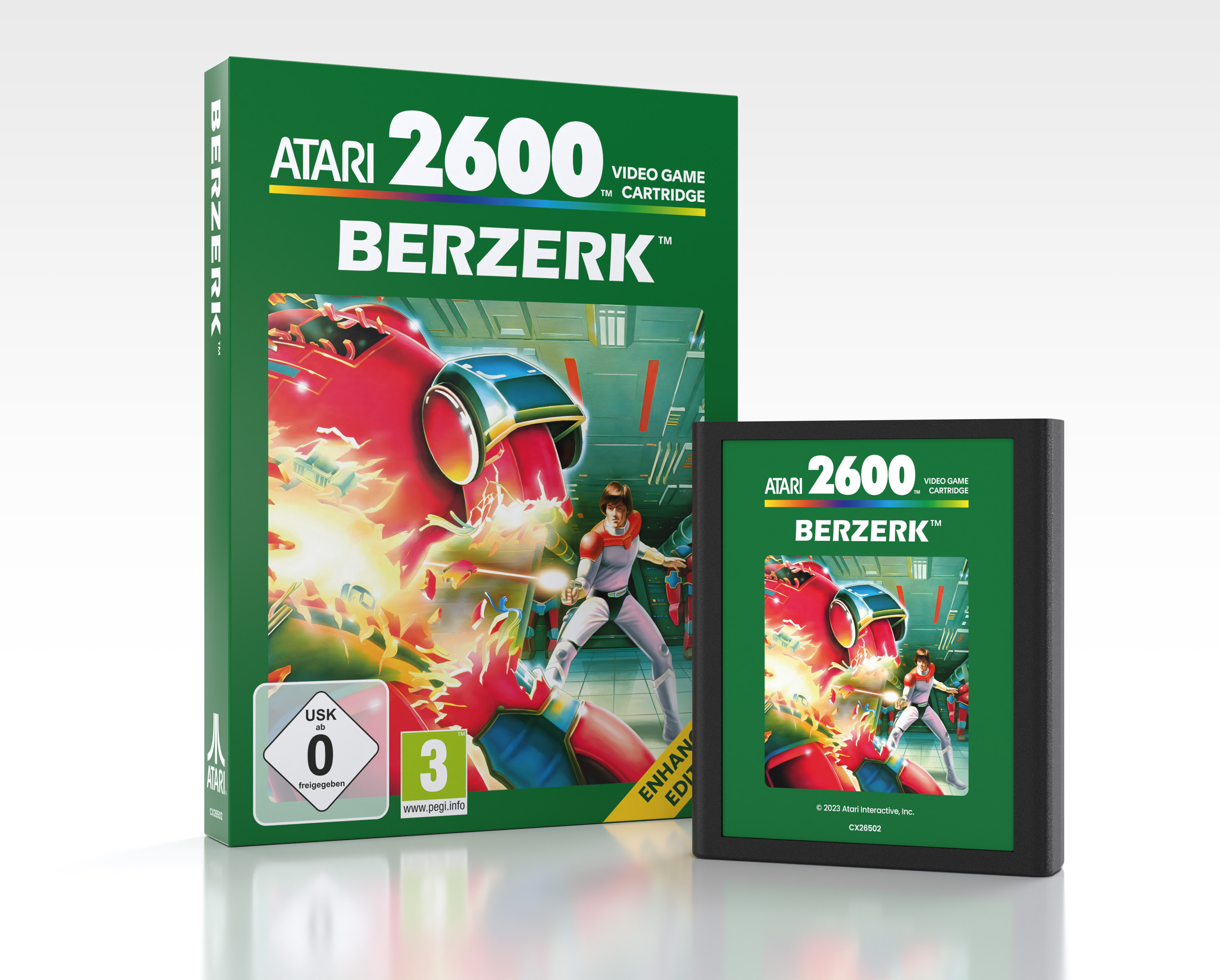 Atari 2600 Berzerk Videospielbox und -kartusche mit grünem Hintergrund.