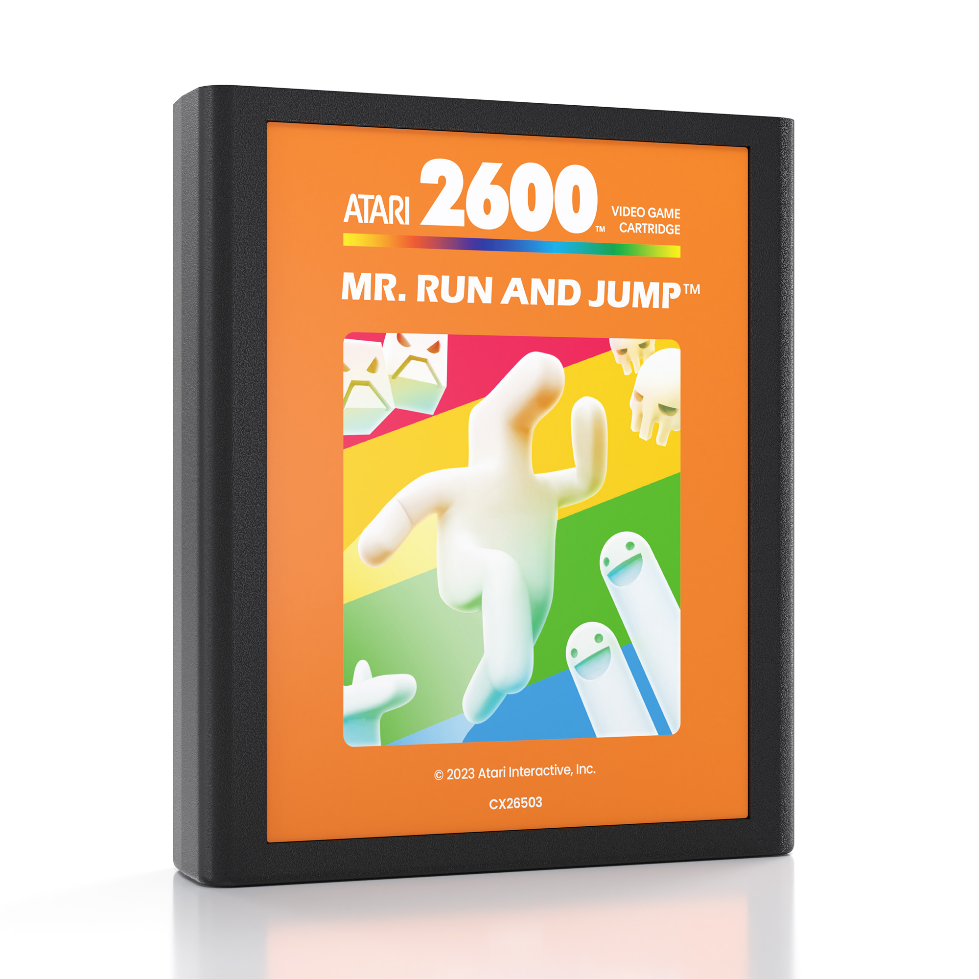 Atari 2600 Videospiel-Cartridge. Das Etikett zeigt ein farbenfrohes Bild und den Titel 'Mr. Run and Jump'.