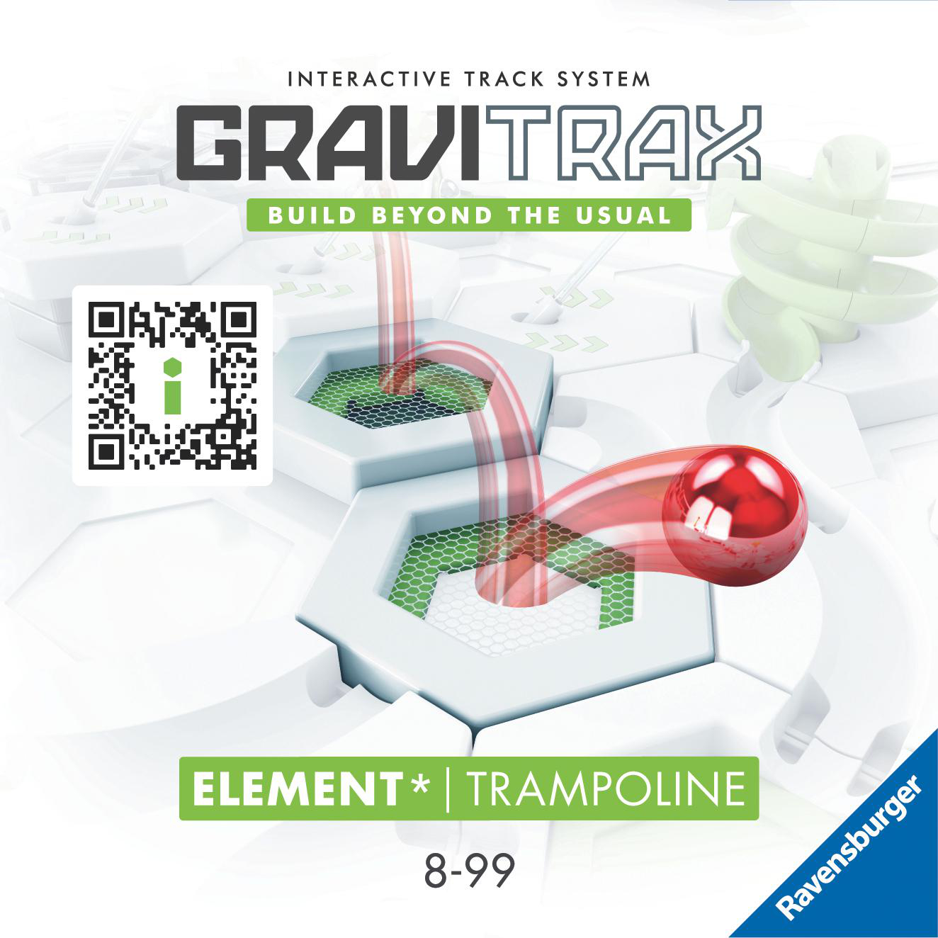 GraviTrax Element Trampolin Set. Es gibt einen roten Ball, weiße Strecken und einen QR-Code.