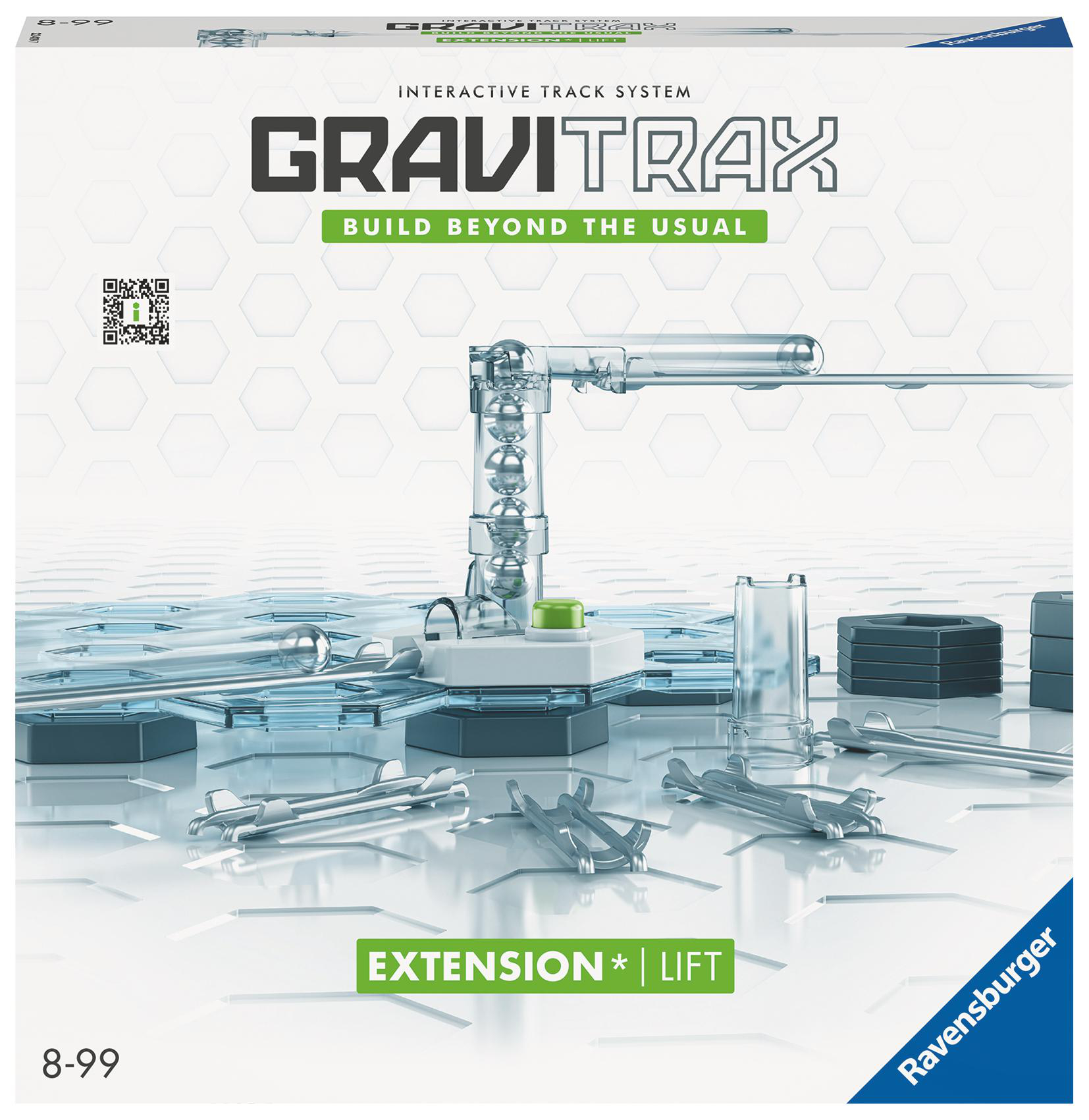 Box des GraviTrax interaktiven Streckensystems mit Lift-Erweiterung. Weißer Hintergrund.