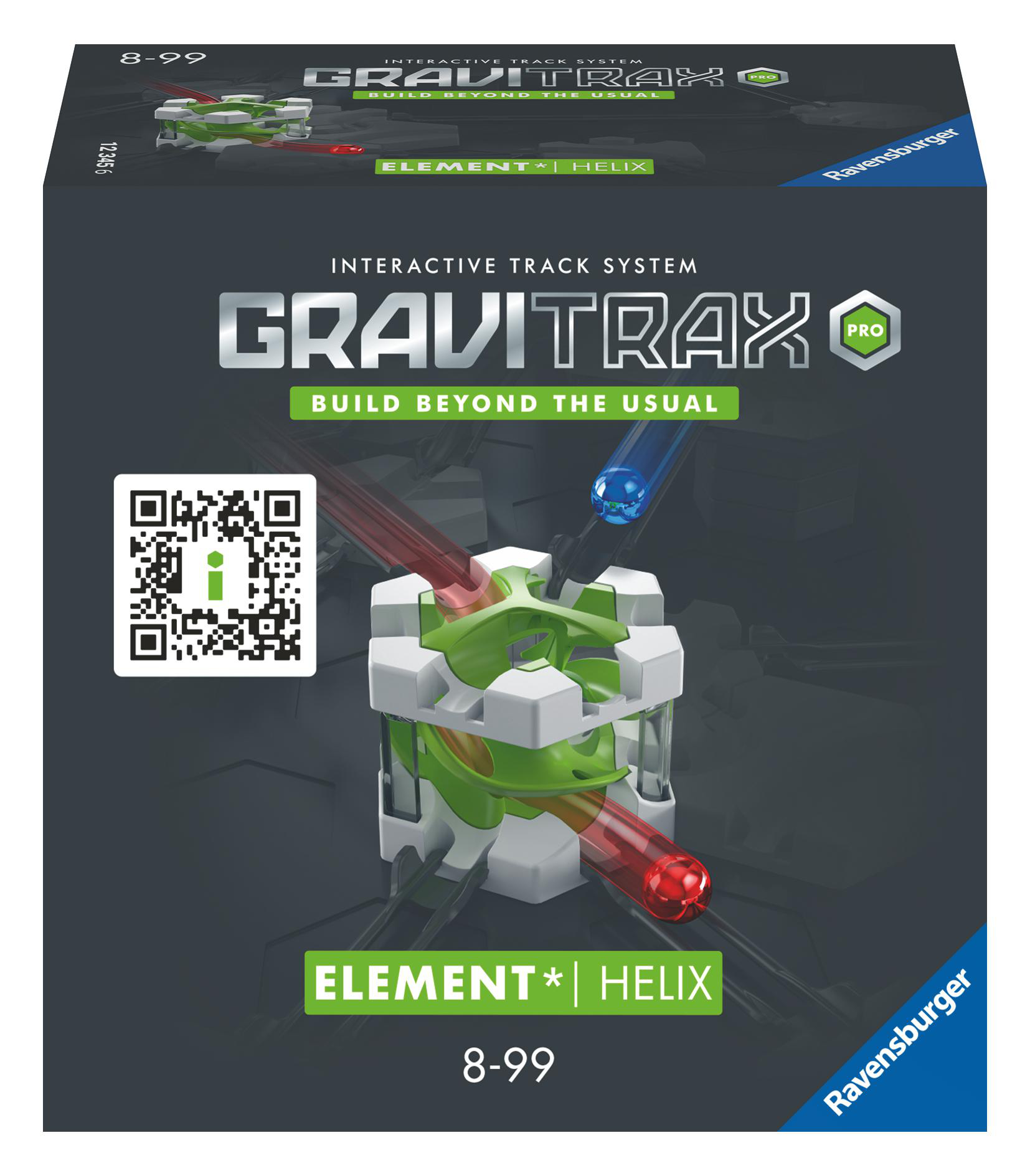 Gravitrax Pro Box-Set mit grün-weißem Streckenelement und rot/blauen transparenten Röhren.