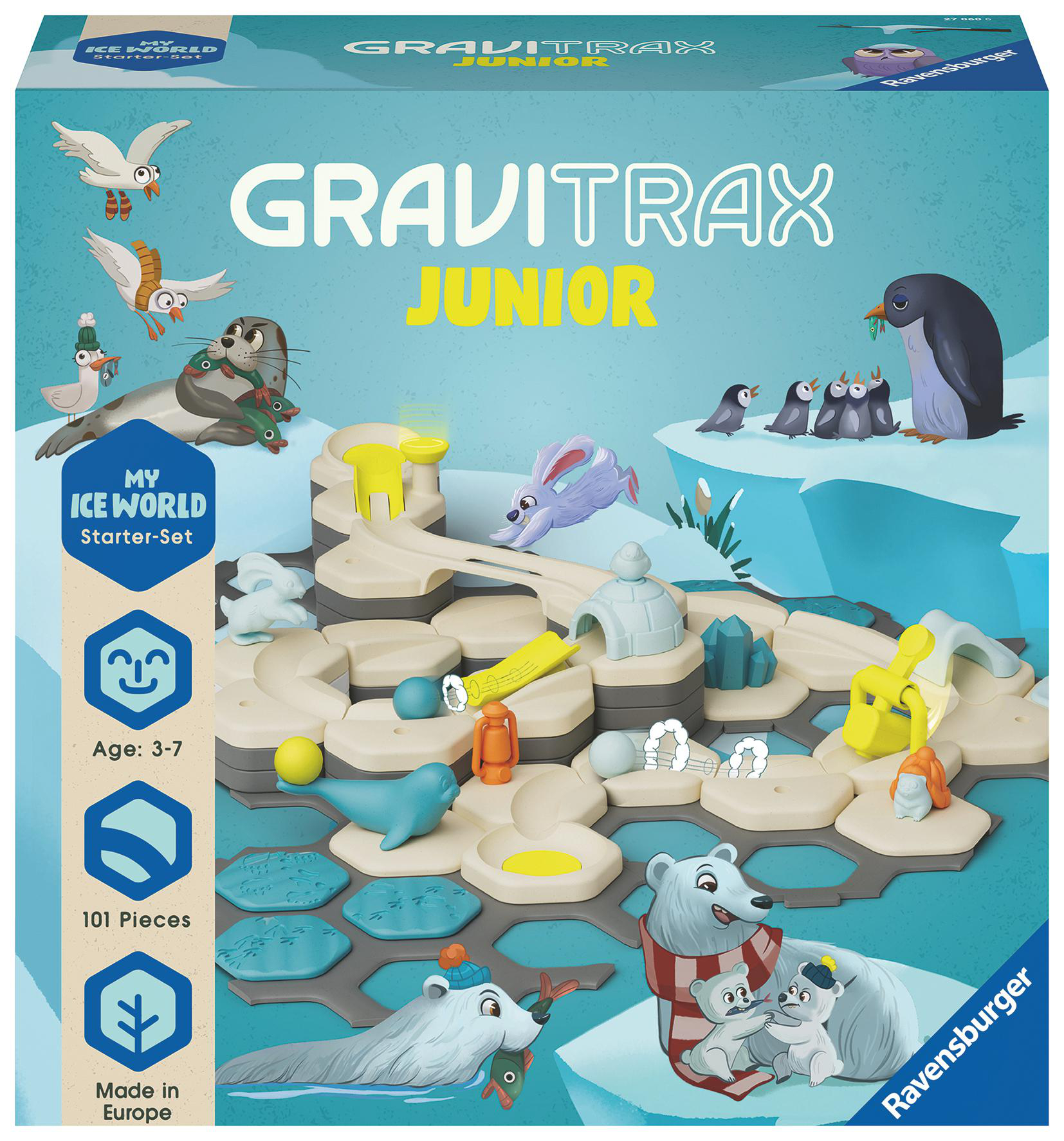 Gravitrax Junior Set. Eiswelt-Thema, Spielsteine, Pinguine, Robben und Eisbär auf der Box.