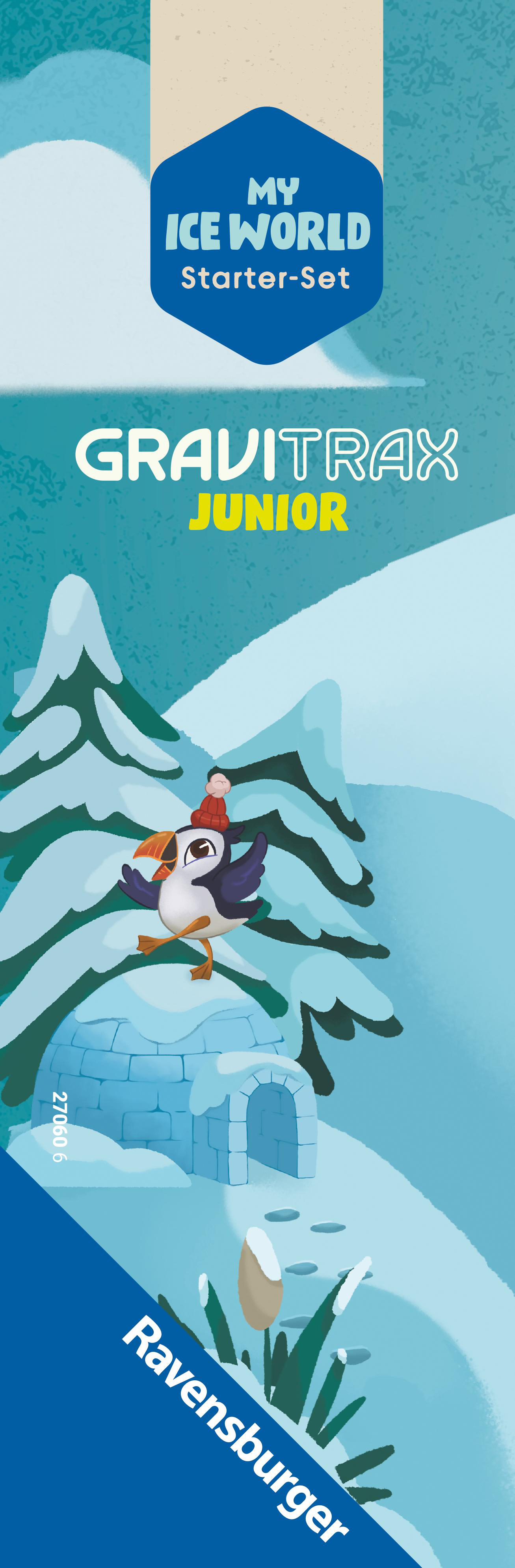 Eine Gravitrax Junior Starter-Set Box mit einer Winterlandschafts-Illustration mit einem Pinguin und Iglu.